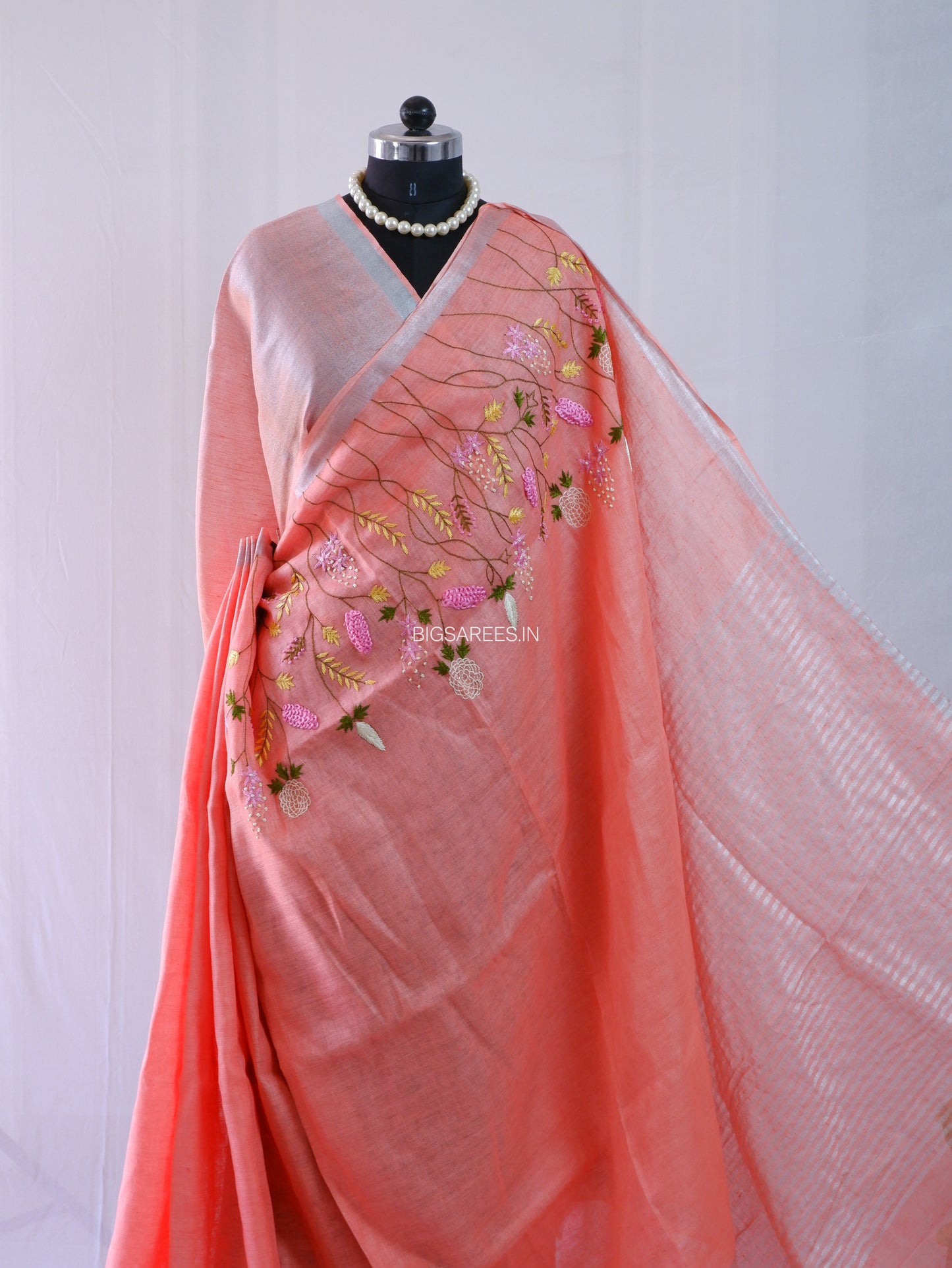 Hand-Embroidered Linen Saree | Linen by Linen | Peach Pink