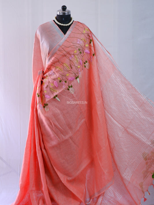 Hand-Embroidered Linen Saree | Linen by Linen | Peach Pink