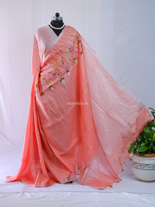 Hand-Embroidered Linen Saree | Linen by Linen | Peach Pink
