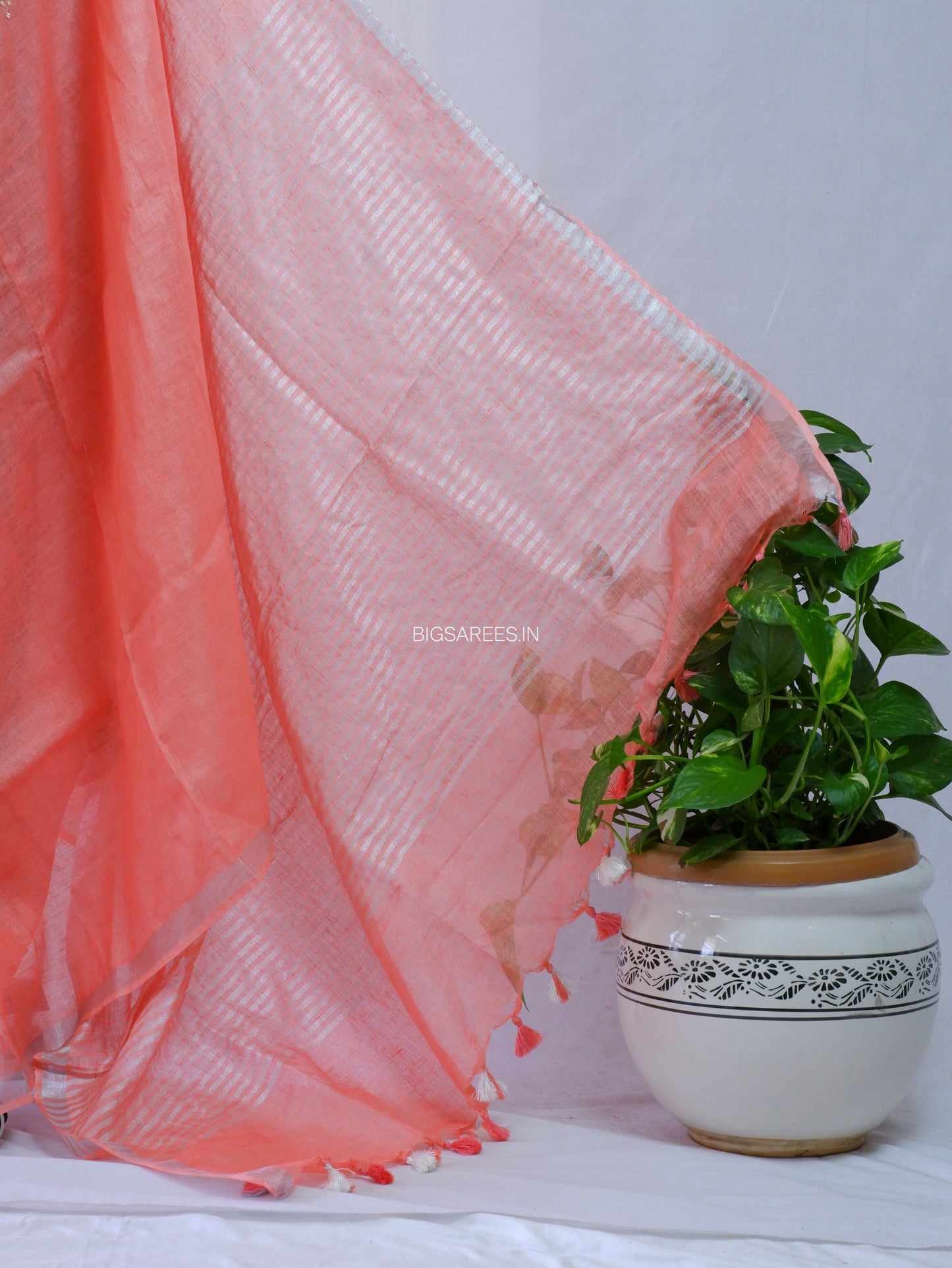 Hand-Embroidered Linen Saree | Linen by Linen | Peach Pink
