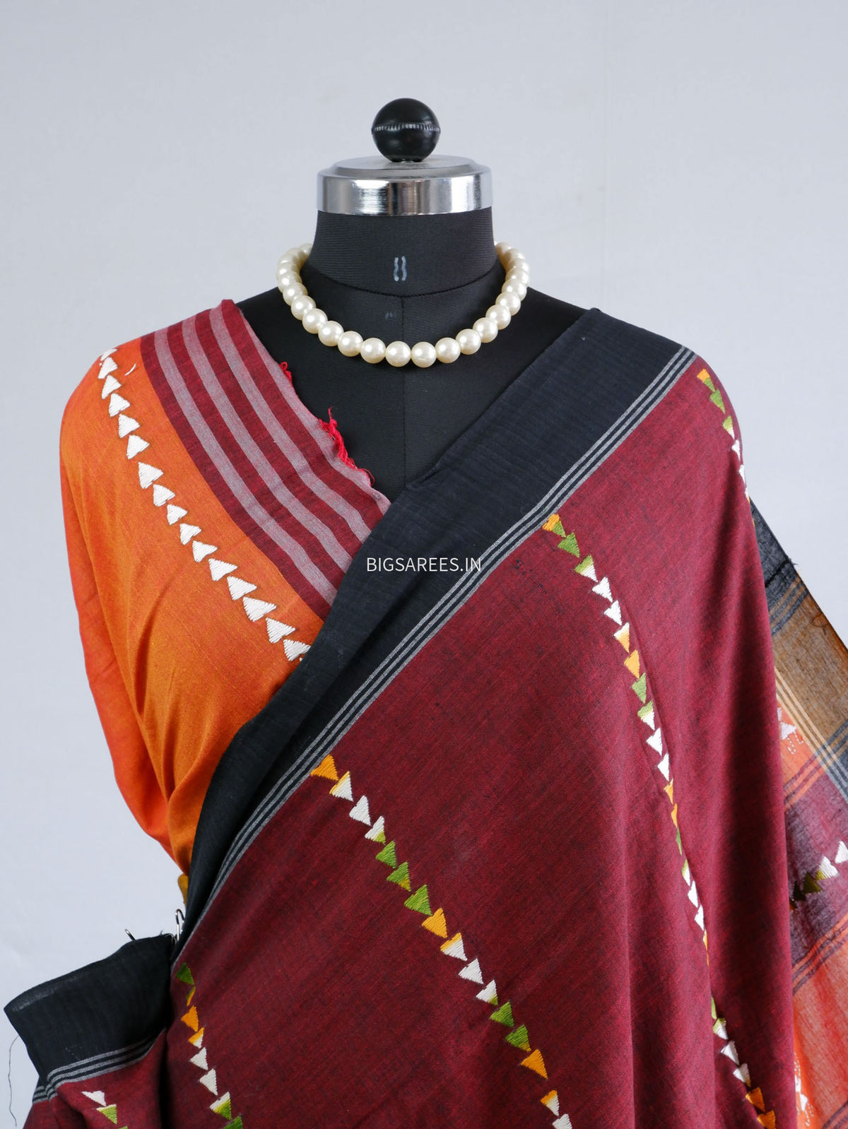 Kantha Hand-Embroidered Saree | Pure Khadi Cotton | Maroon