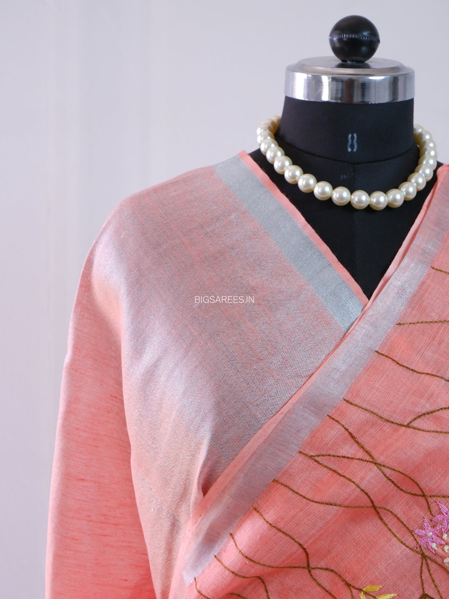 Hand-Embroidered Linen Saree | Linen by Linen | Peach Pink