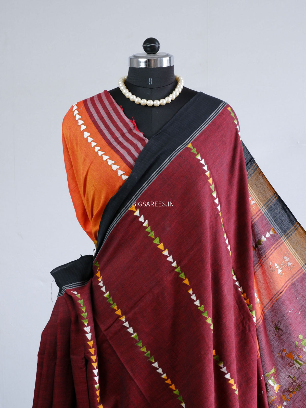 Kantha Hand-Embroidered Saree | Pure Khadi Cotton | Maroon