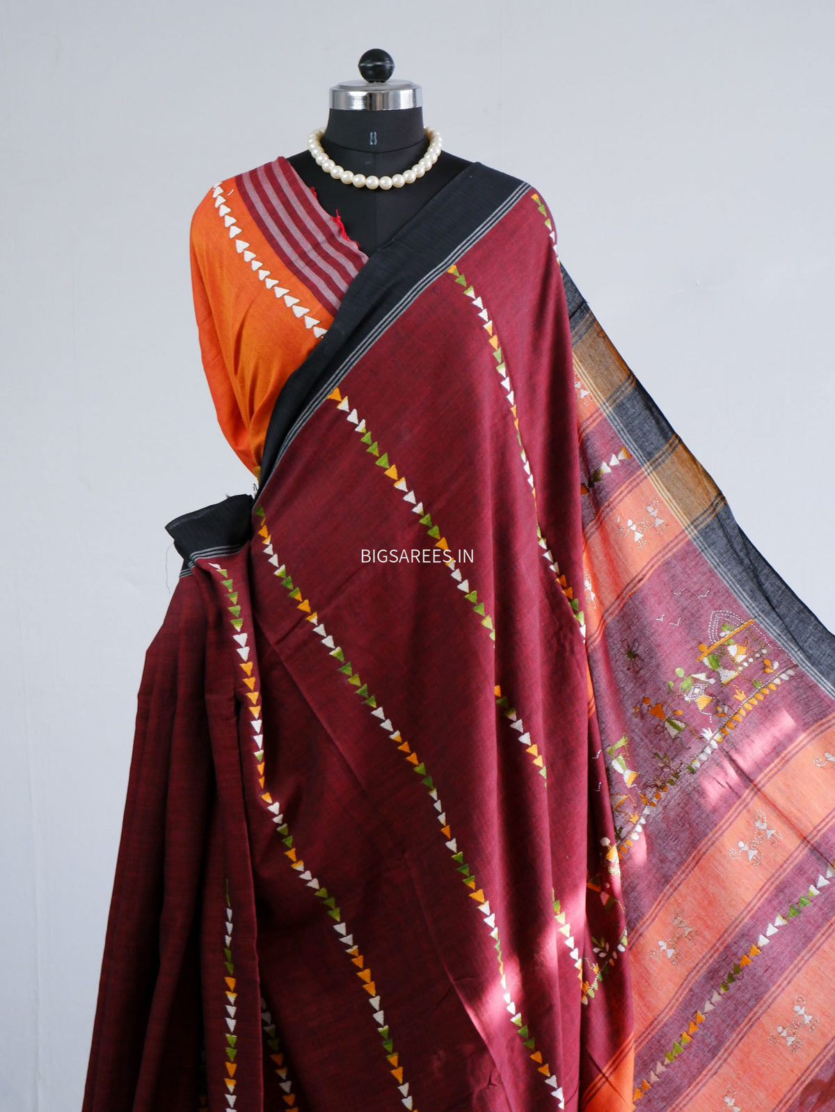 Kantha Hand-Embroidered Saree | Pure Khadi Cotton | Maroon