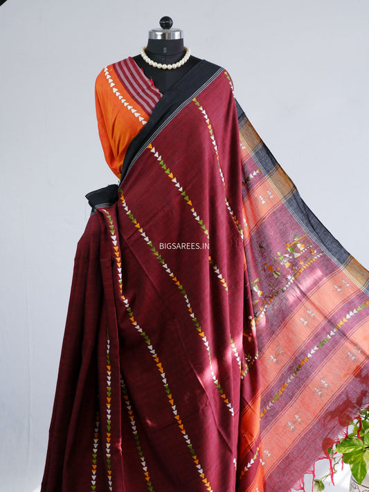 Kantha Hand-Embroidered Saree | Pure Khadi Cotton | Maroon
