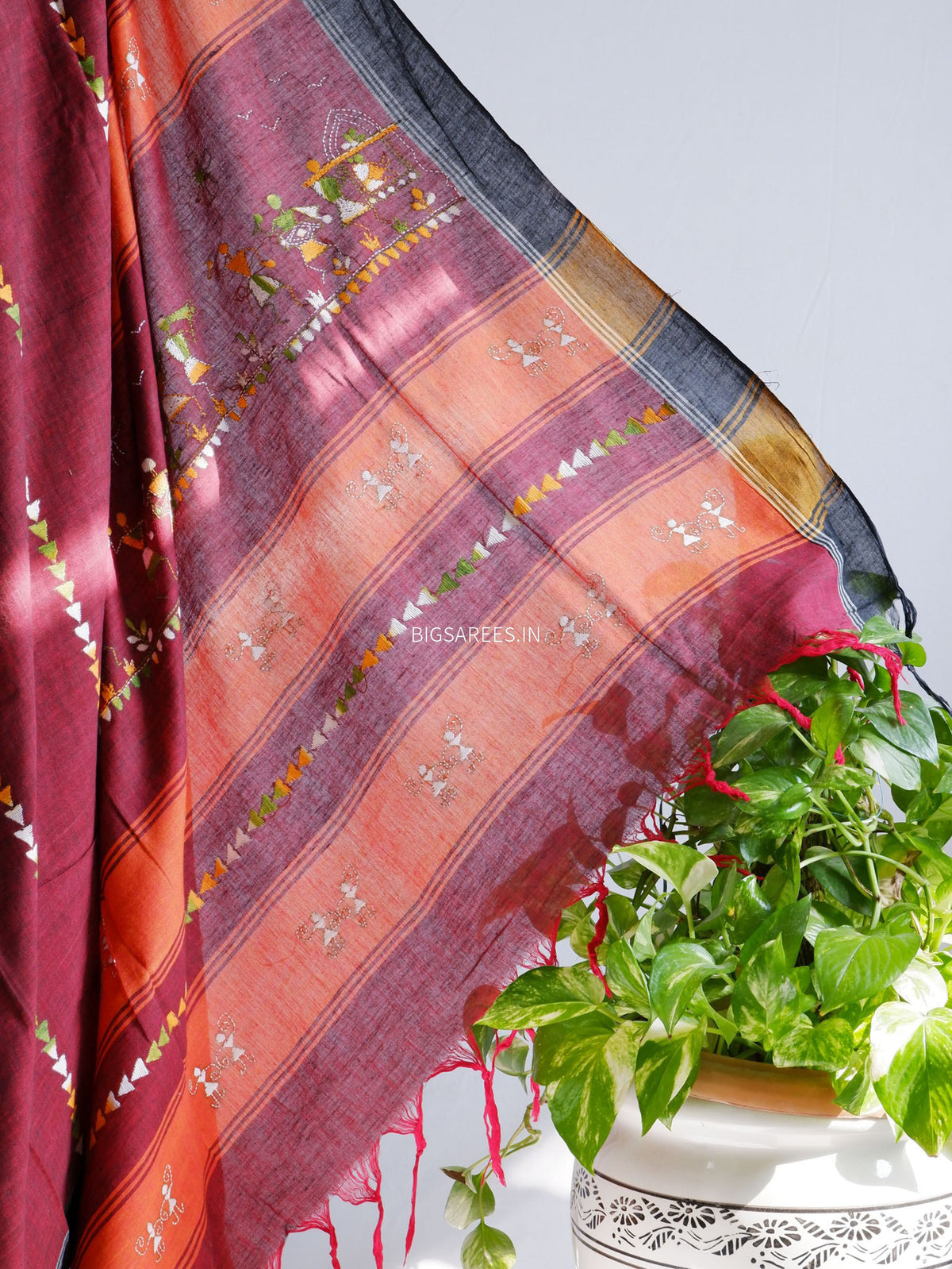 Kantha Hand-Embroidered Saree | Pure Khadi Cotton | Maroon