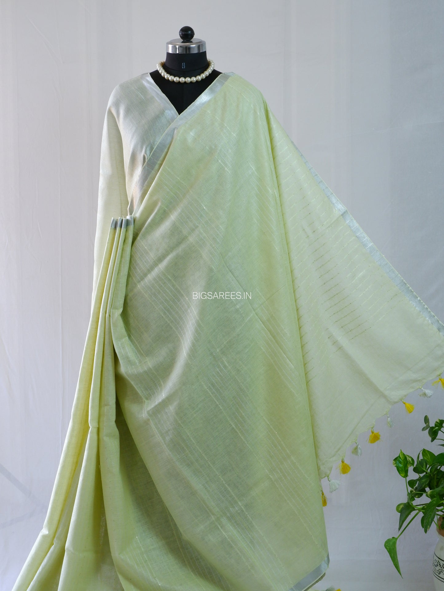 Linen by Linen Saree | With Blouse | Light Green