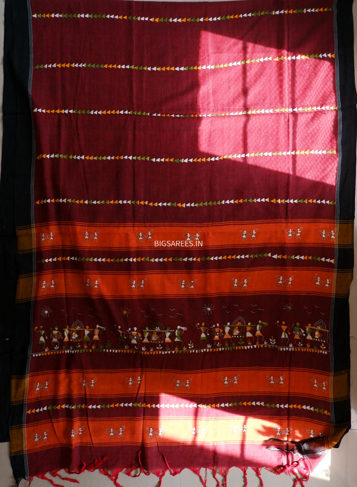 Kantha Hand-Embroidered Saree | Pure Khadi Cotton | Maroon