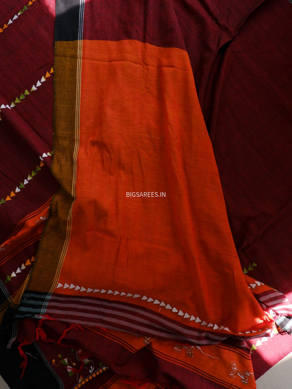 Kantha Hand-Embroidered Saree | Pure Khadi Cotton | Maroon