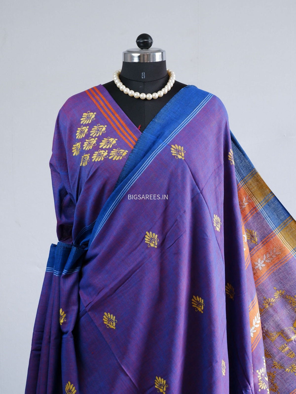Kantha Hand-Embroidered Saree | Pure Khadi Cotton | Dual Tone