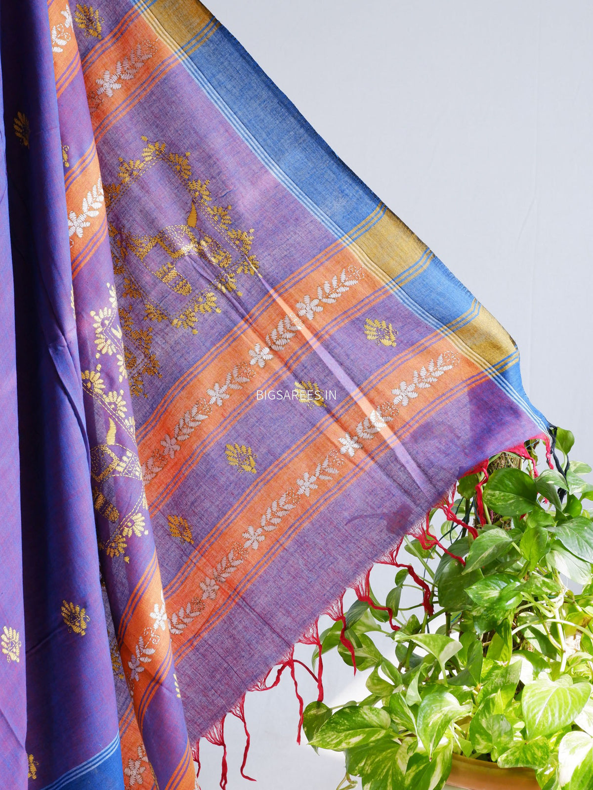 Kantha Hand-Embroidered Saree | Pure Khadi Cotton | Dual Tone