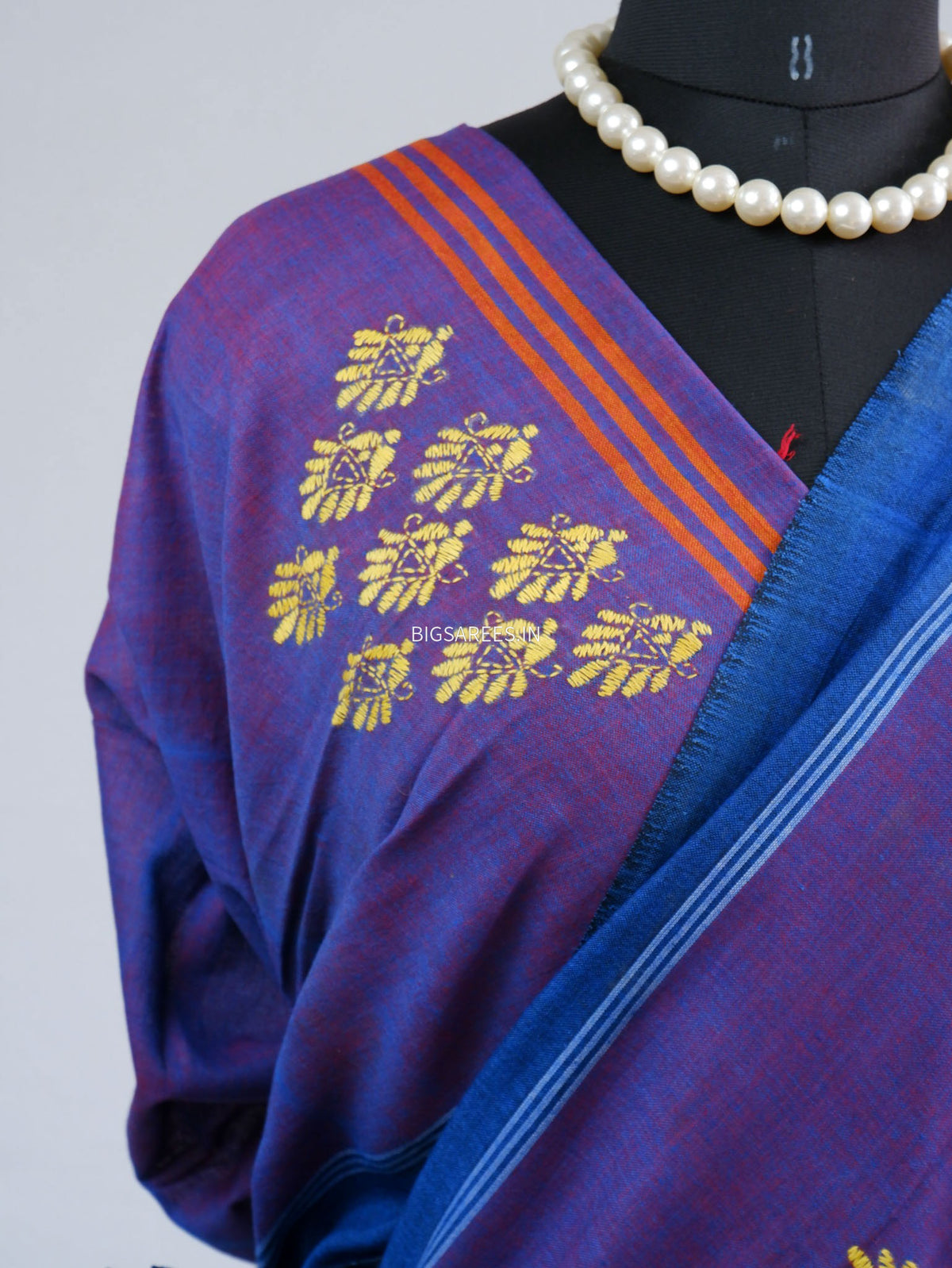 Kantha Hand-Embroidered Saree | Pure Khadi Cotton | Dual Tone