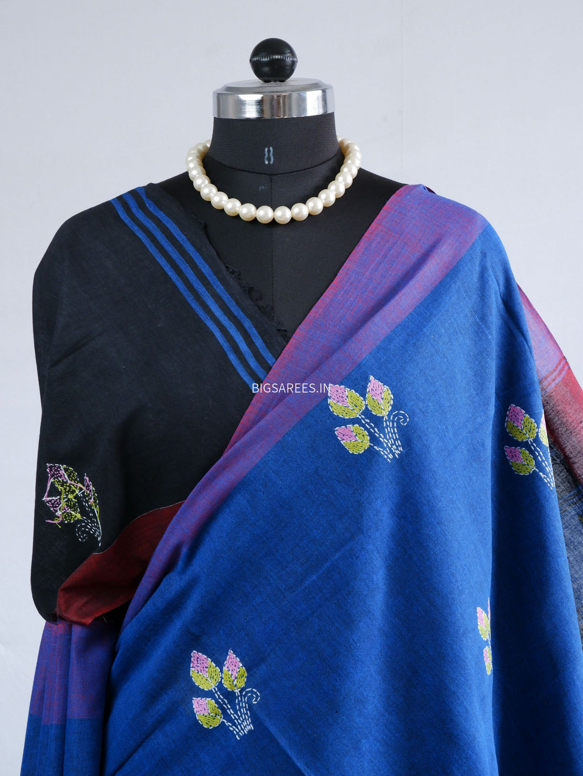 Kantha Stitch Hand-Embroidered Saree | Khadi Cotton | Blue