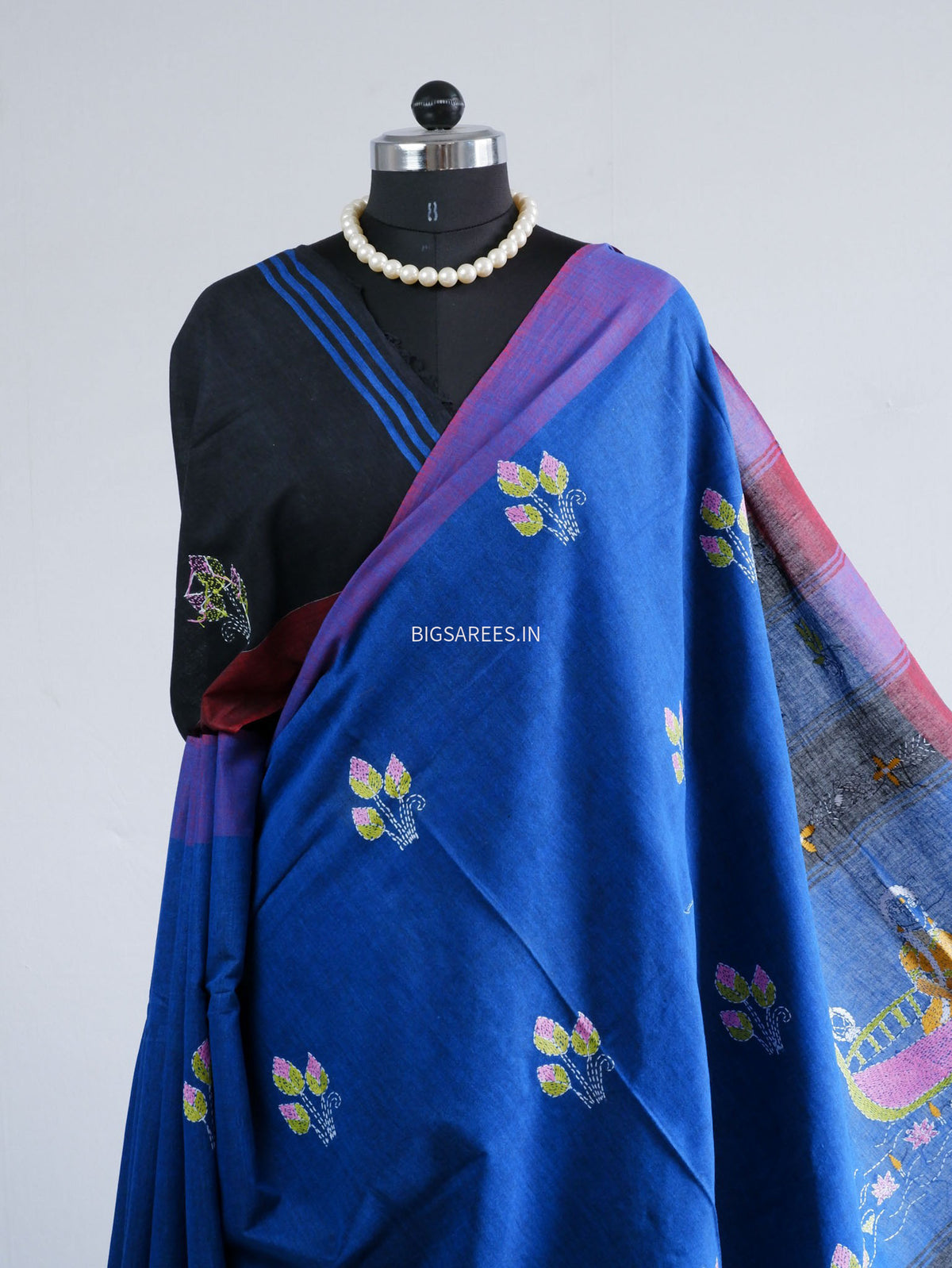 Kantha Stitch Hand-Embroidered Saree | Khadi Cotton | Blue
