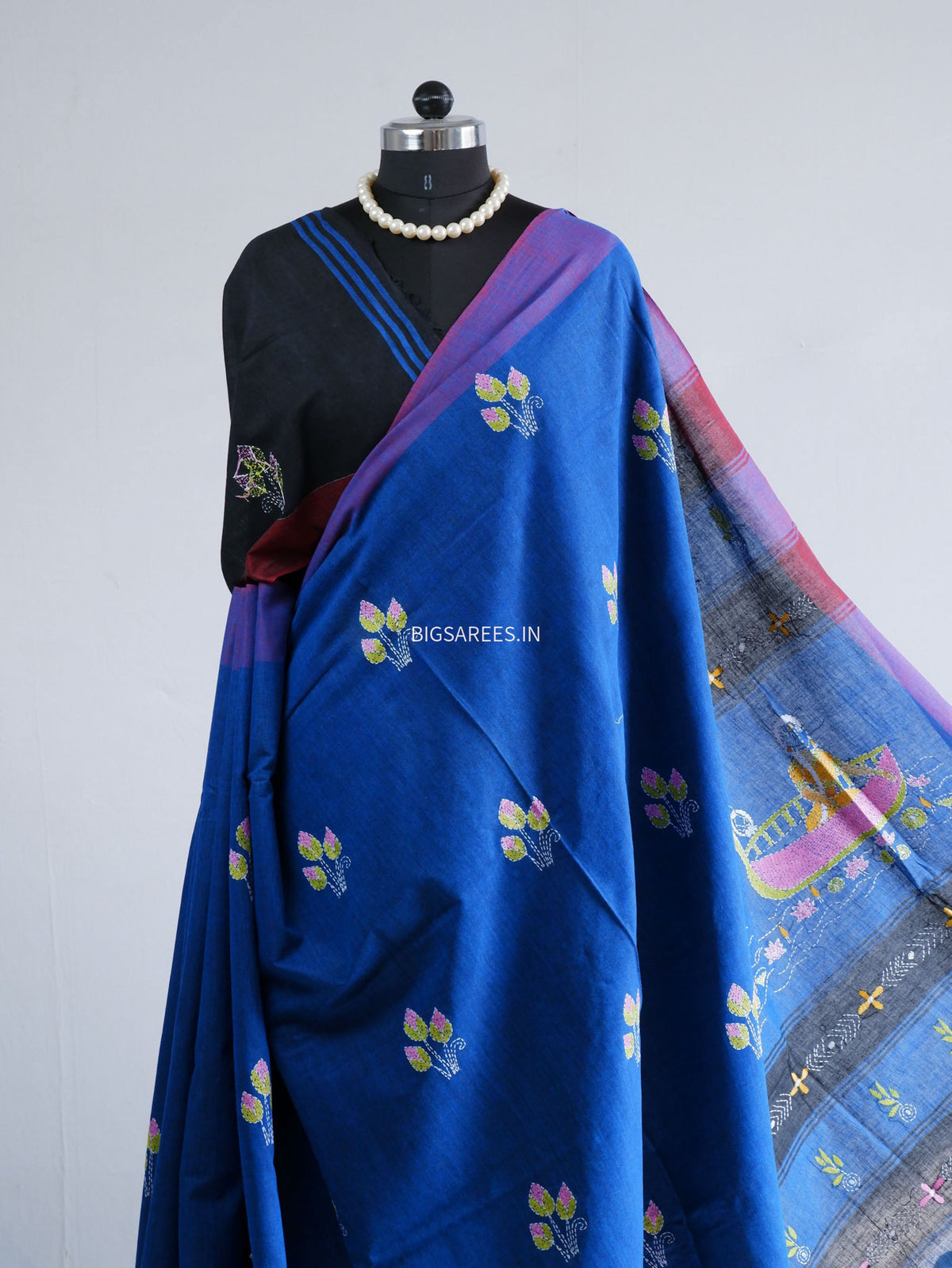 Kantha Stitch Hand-Embroidered Saree | Khadi Cotton | Blue