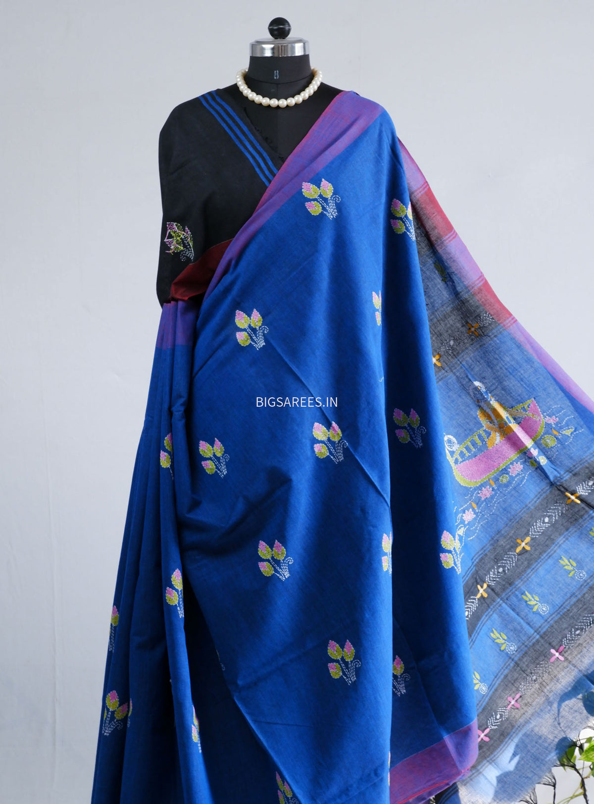 Kantha Stitch Hand-Embroidered Saree | Khadi Cotton | Blue