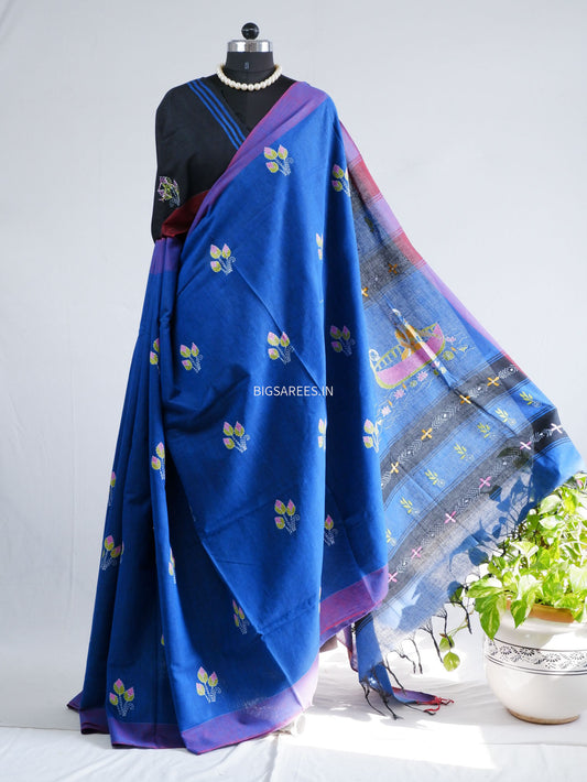Kantha Stitch Hand-Embroidered Saree | Khadi Cotton | Blue
