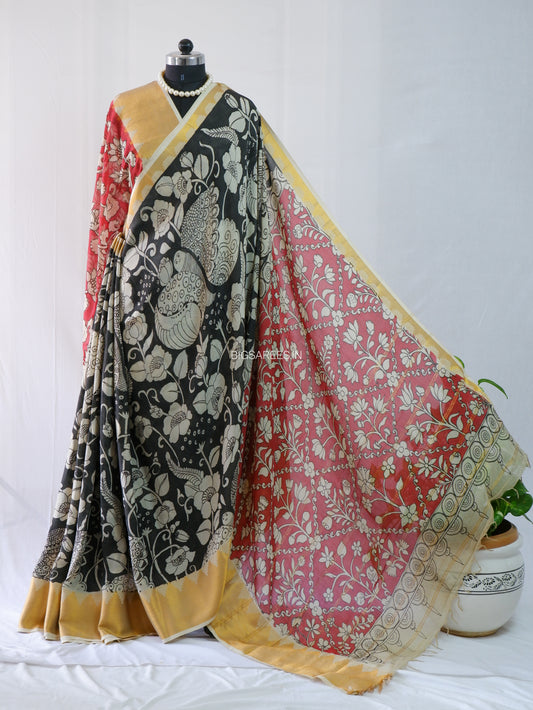 Hand-Painted Kalamkari Saree | Pure Bangalore Silk | Black