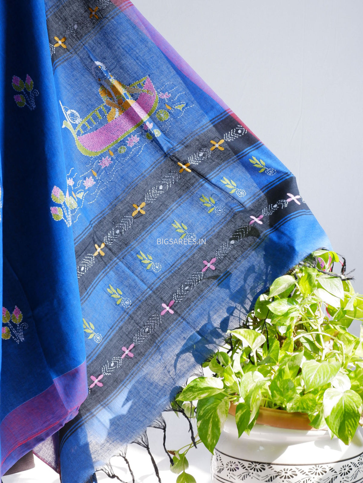 Kantha Stitch Hand-Embroidered Saree | Khadi Cotton | Blue