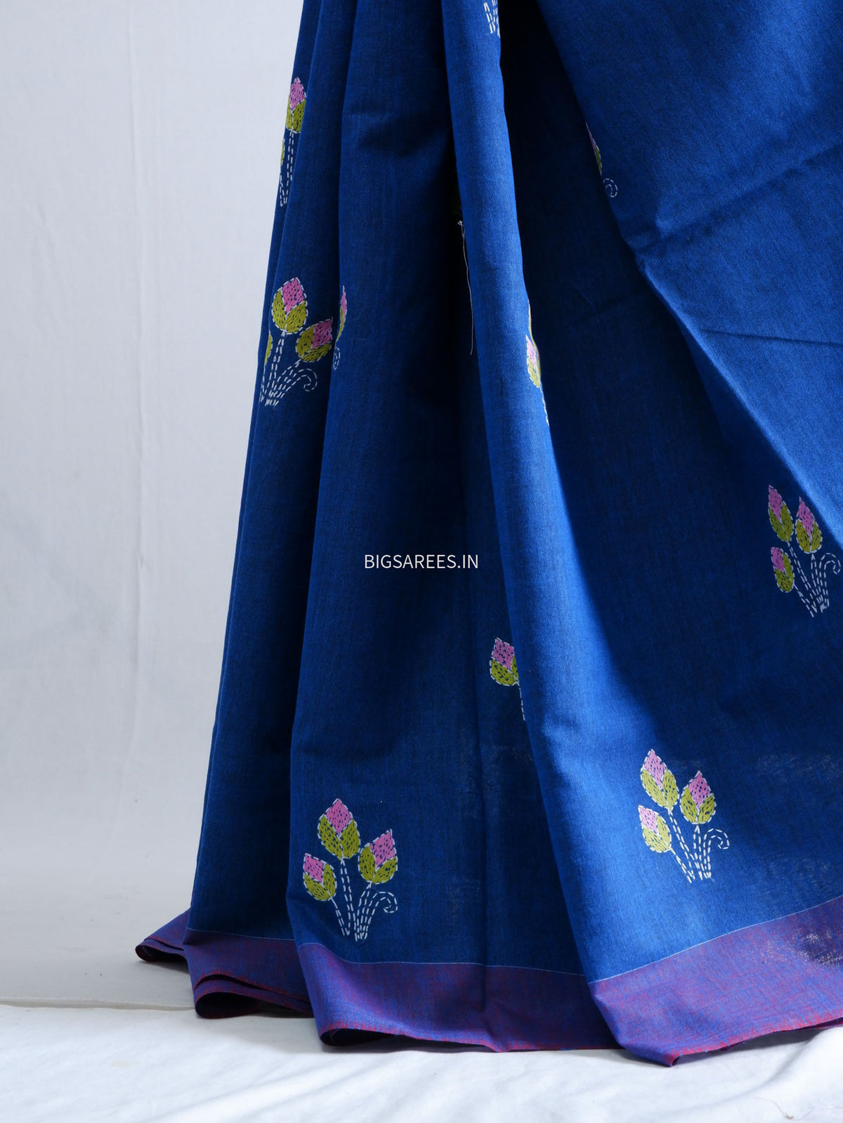 Kantha Stitch Hand-Embroidered Saree | Khadi Cotton | Blue