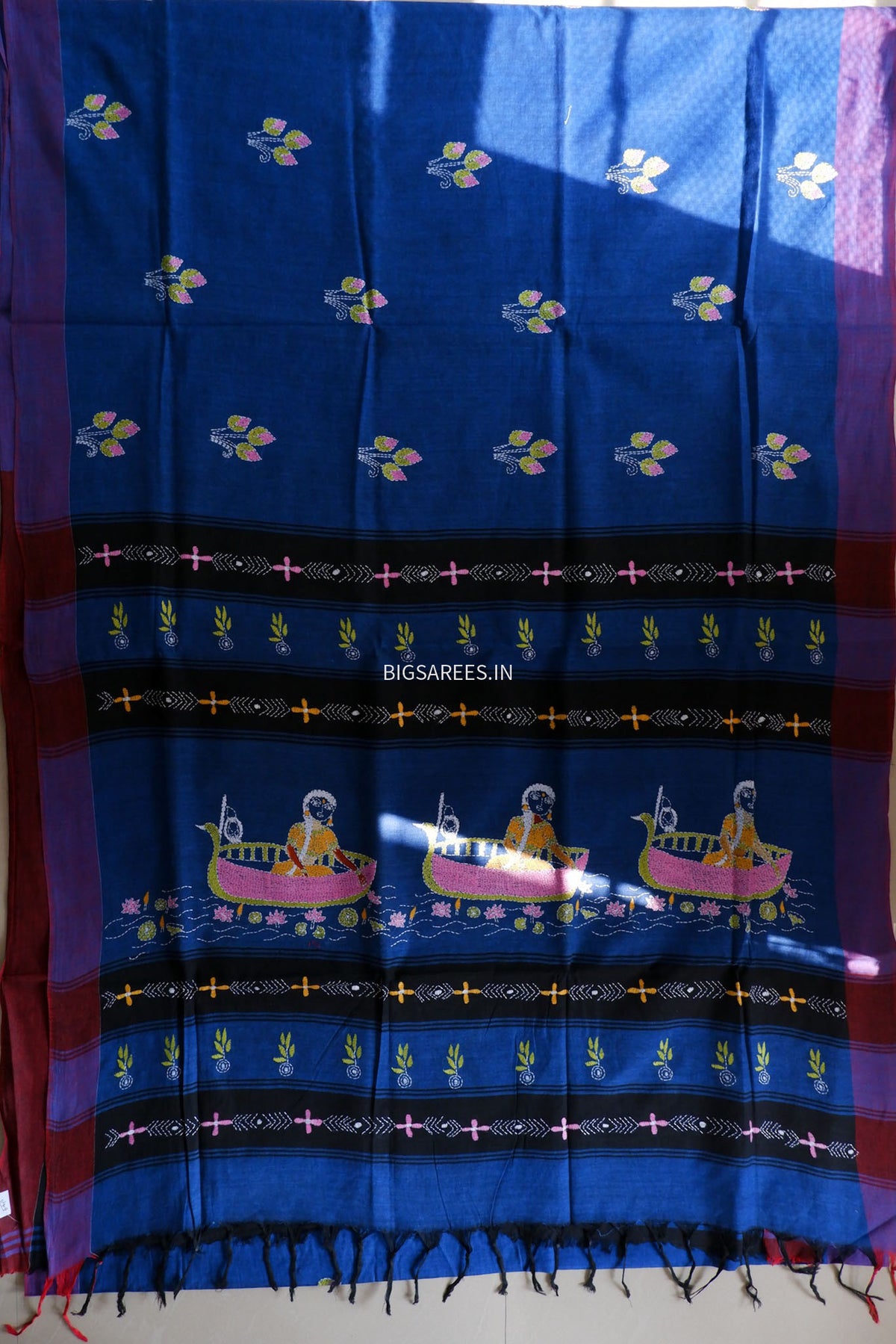 Kantha Stitch Hand-Embroidered Saree | Khadi Cotton | Blue