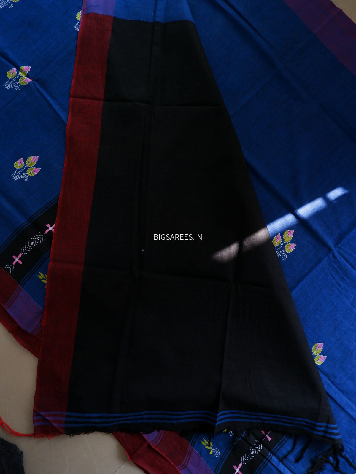 Kantha Stitch Hand-Embroidered Saree | Khadi Cotton | Blue