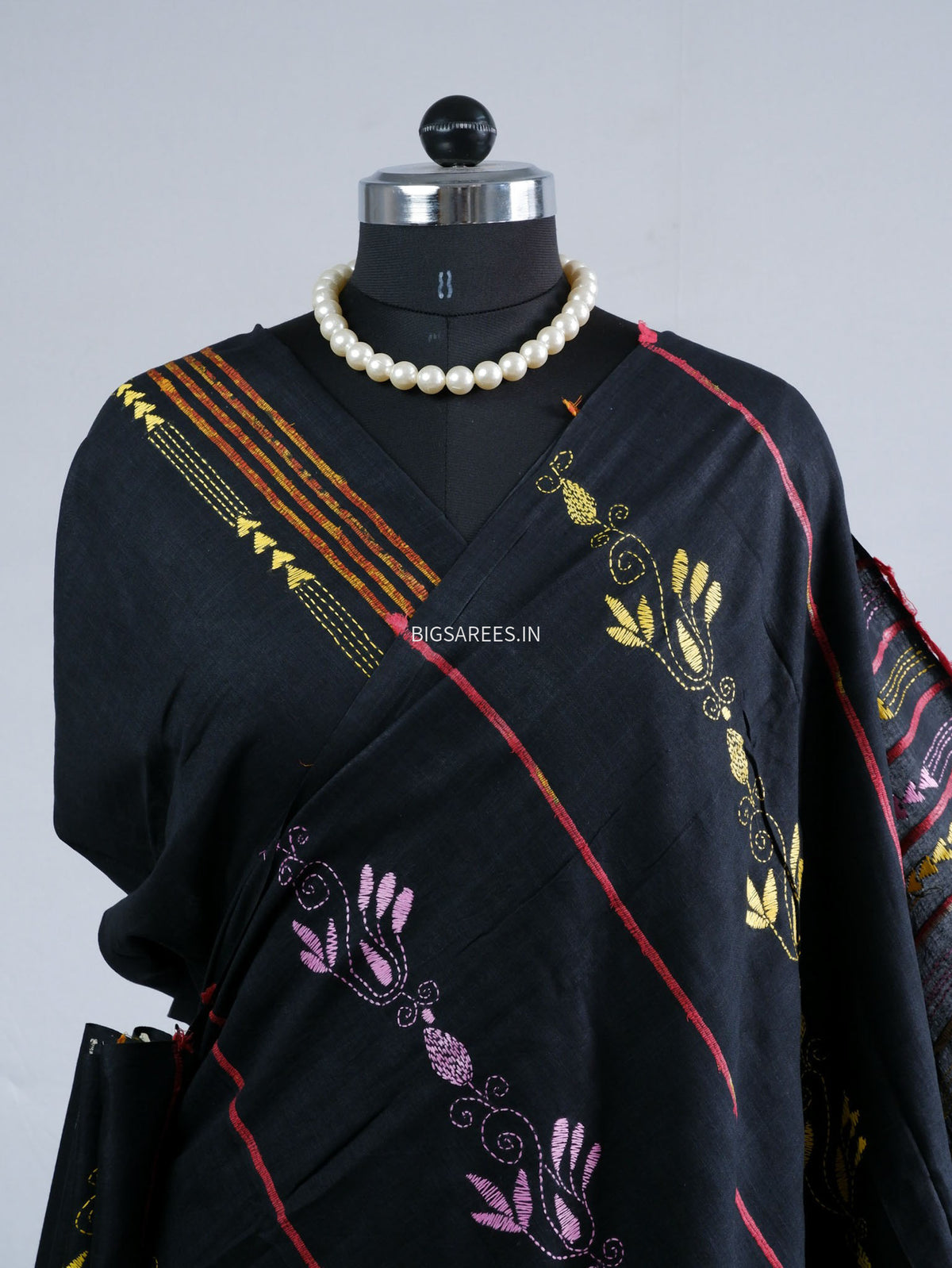 Kantha Stitch Hand-Embroidered Saree | Pure Khesh Cotton | Black