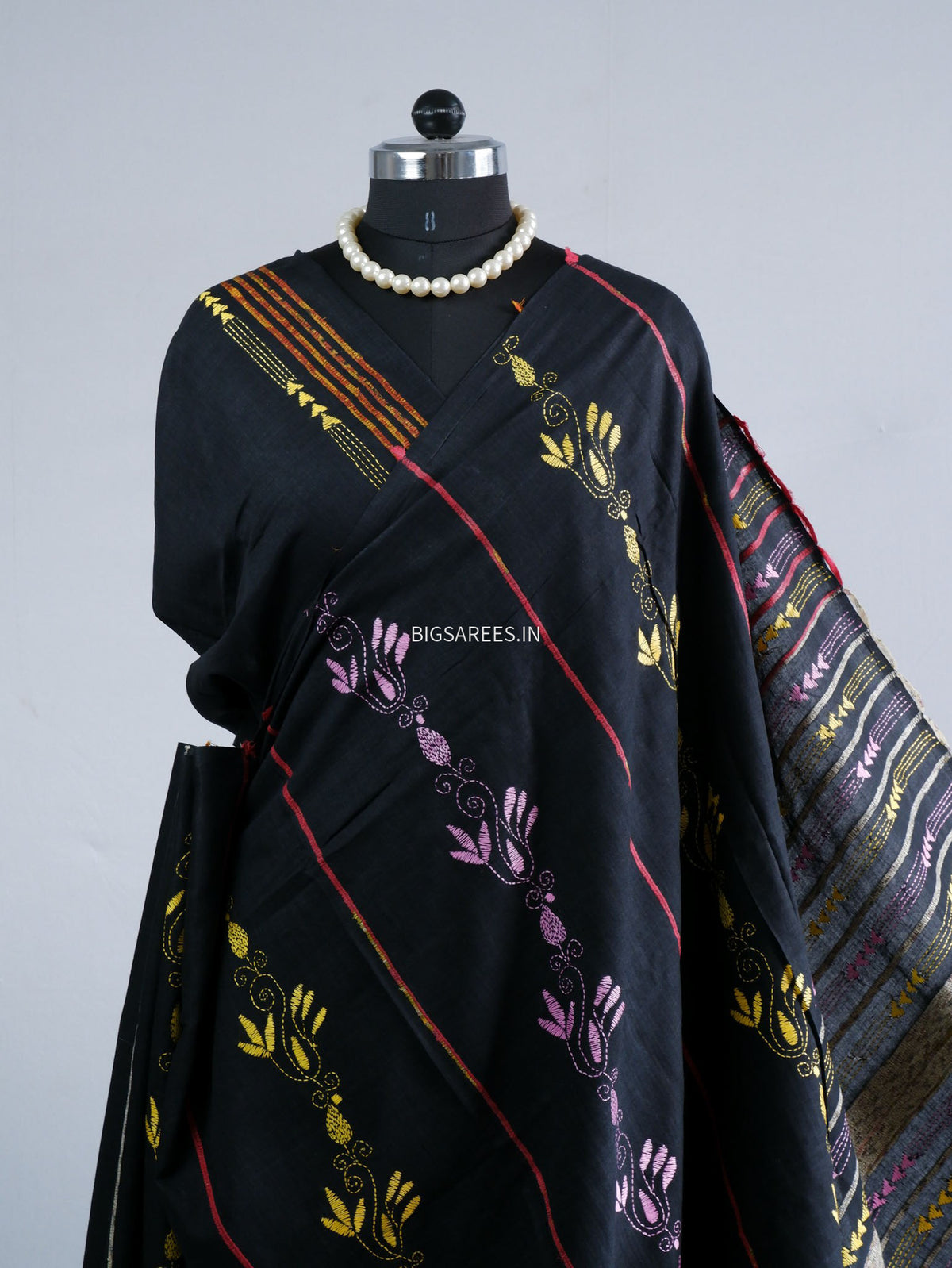 Kantha Stitch Hand-Embroidered Saree | Pure Khesh Cotton | Black