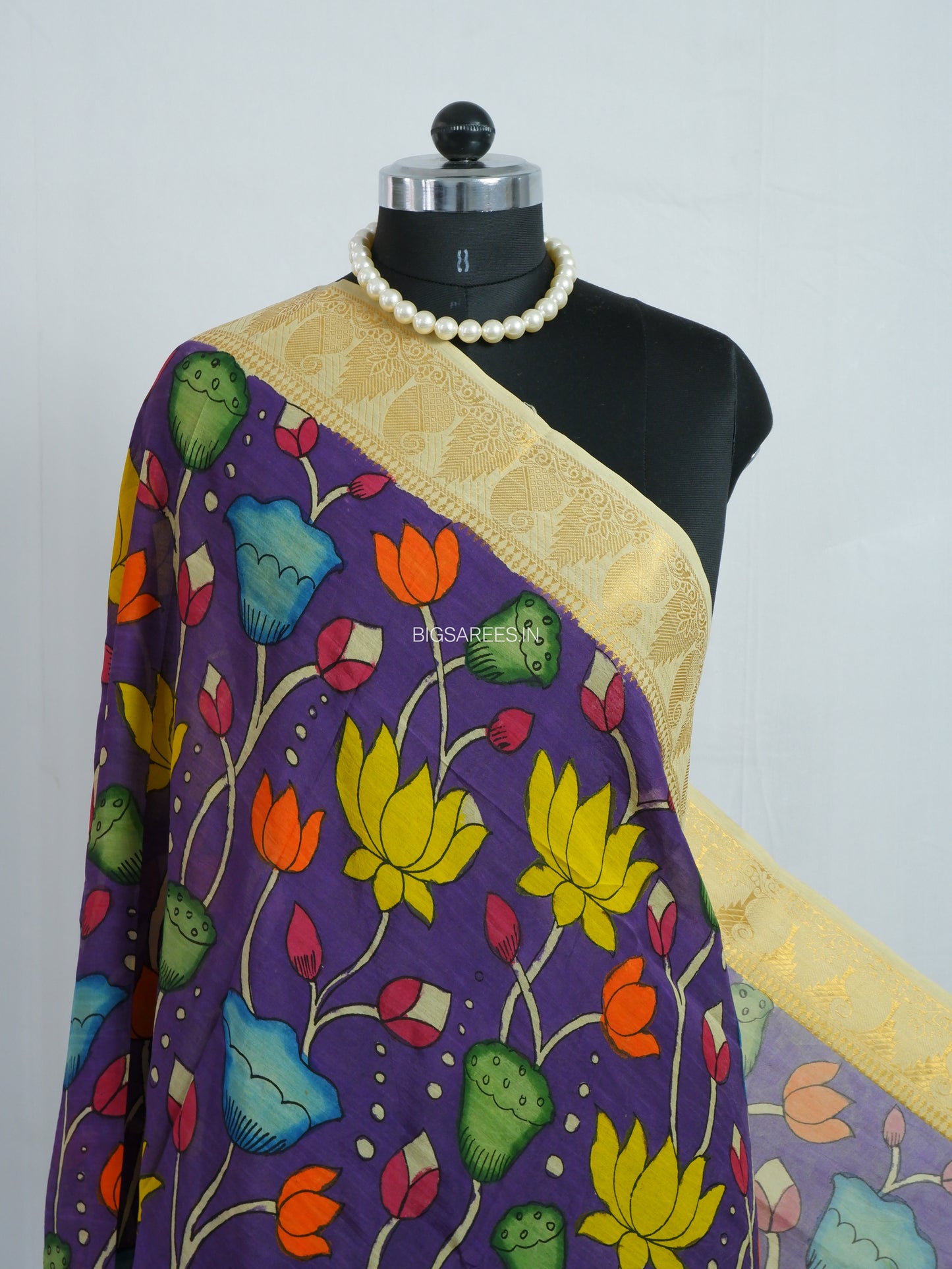 Pen Kalamkari Hand Painted Bangalore Silk Dupatta | Violet | 36"