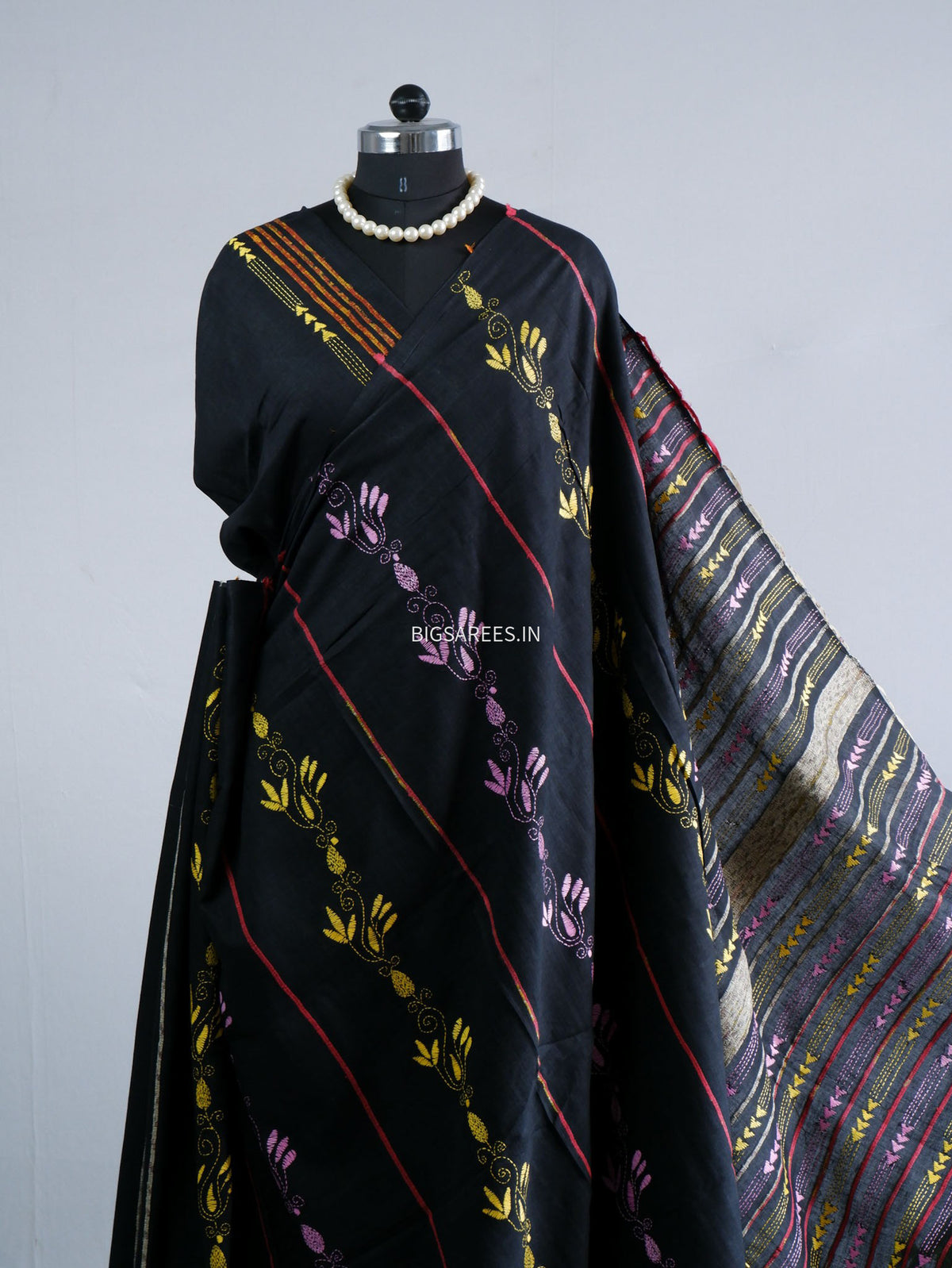 Kantha Stitch Hand-Embroidered Saree | Pure Khesh Cotton | Black