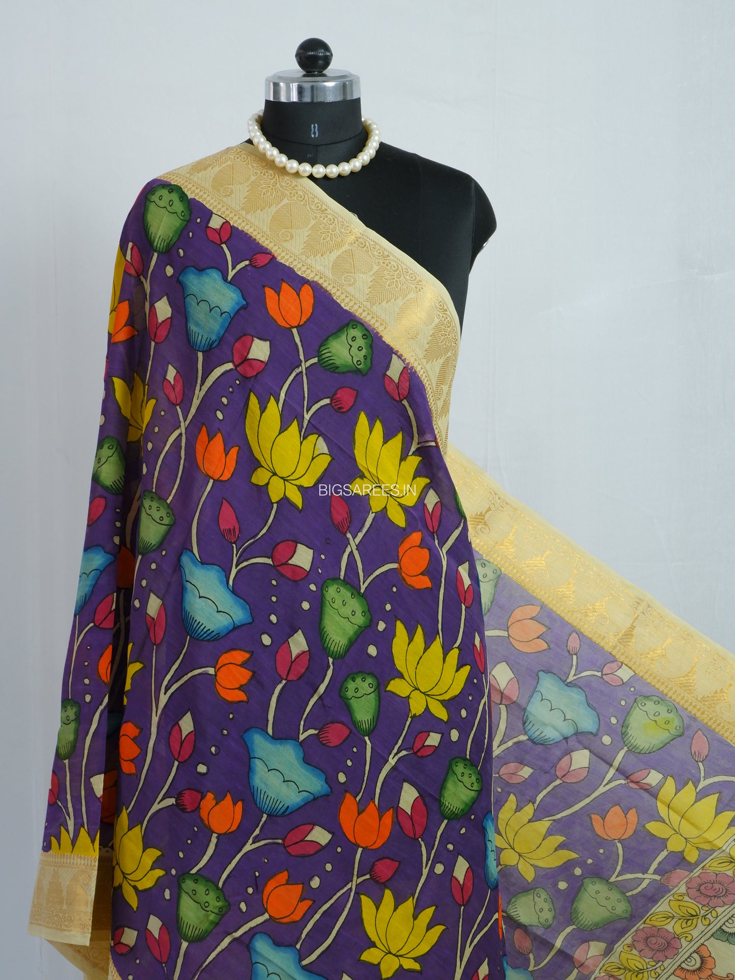 Pen Kalamkari Hand Painted Bangalore Silk Dupatta | Violet | 36"