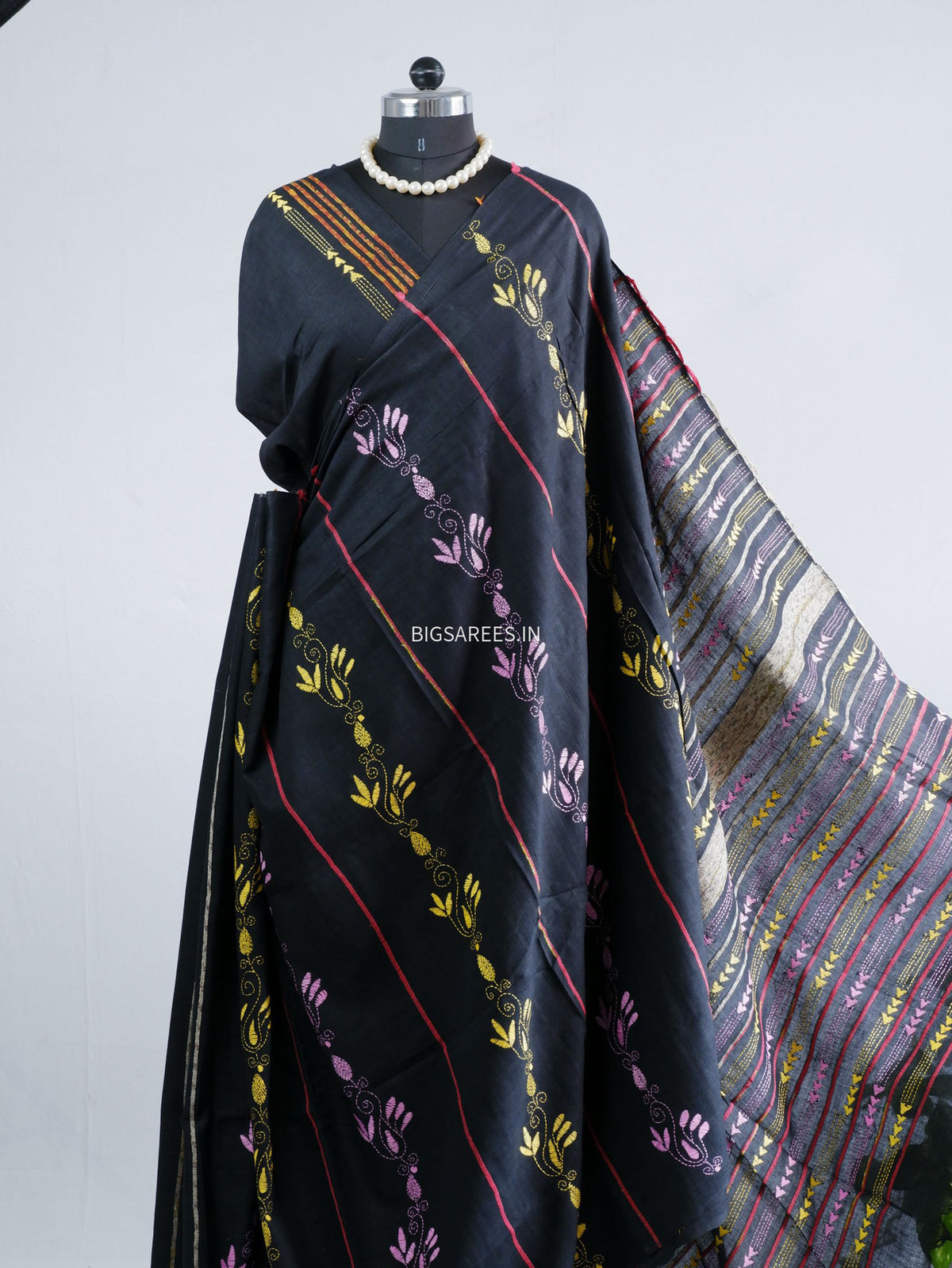 Kantha Stitch Hand-Embroidered Saree | Pure Khesh Cotton | Black