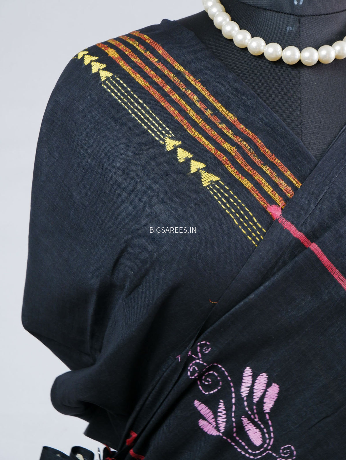 Kantha Stitch Hand-Embroidered Saree | Pure Khesh Cotton | Black