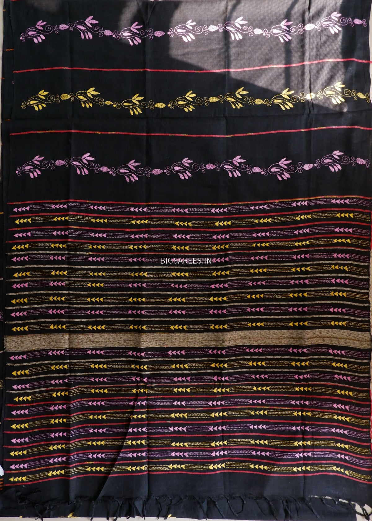 Kantha Stitch Hand-Embroidered Saree | Pure Khesh Cotton | Black