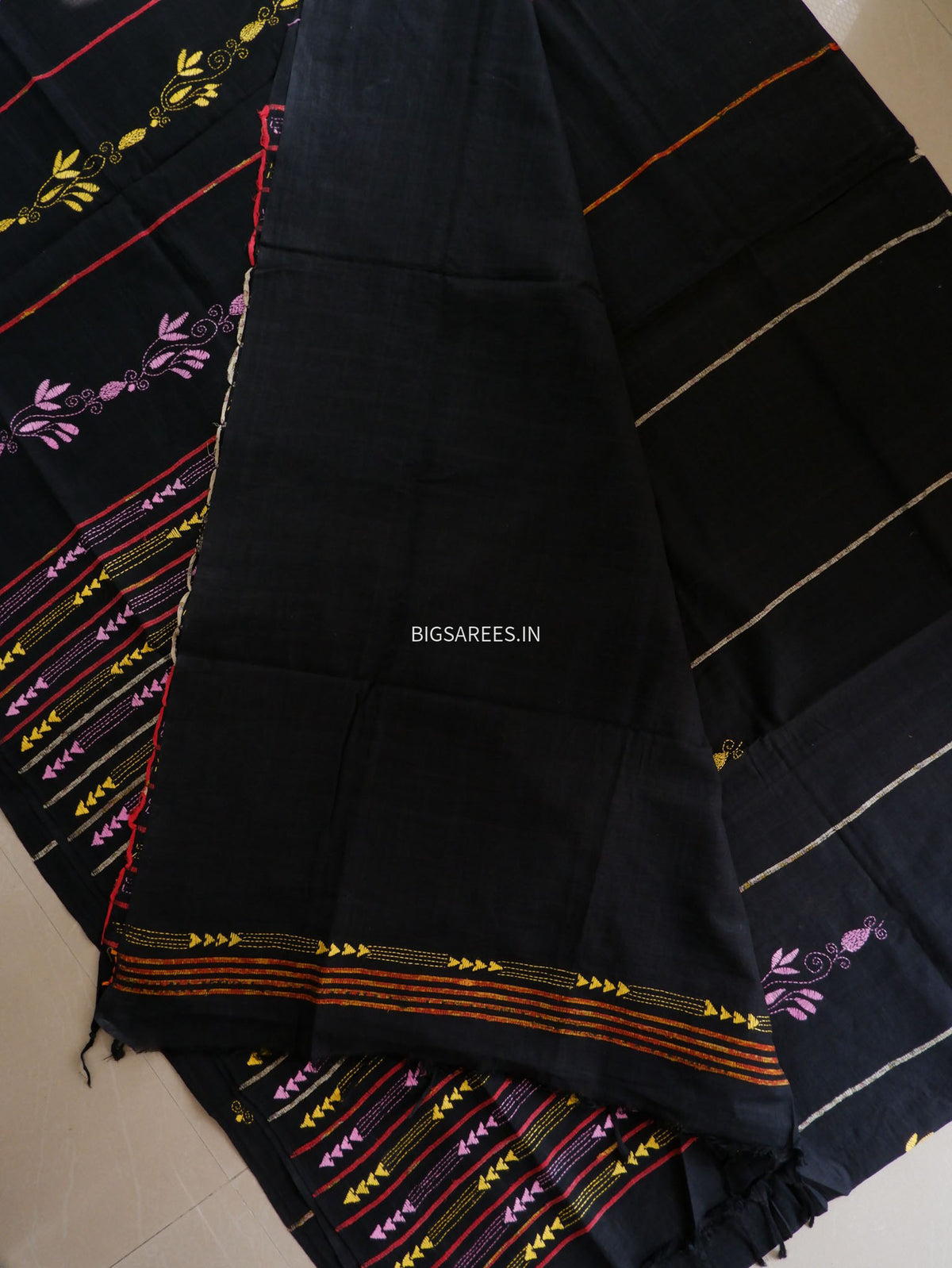 Kantha Stitch Hand-Embroidered Saree | Pure Khesh Cotton | Black