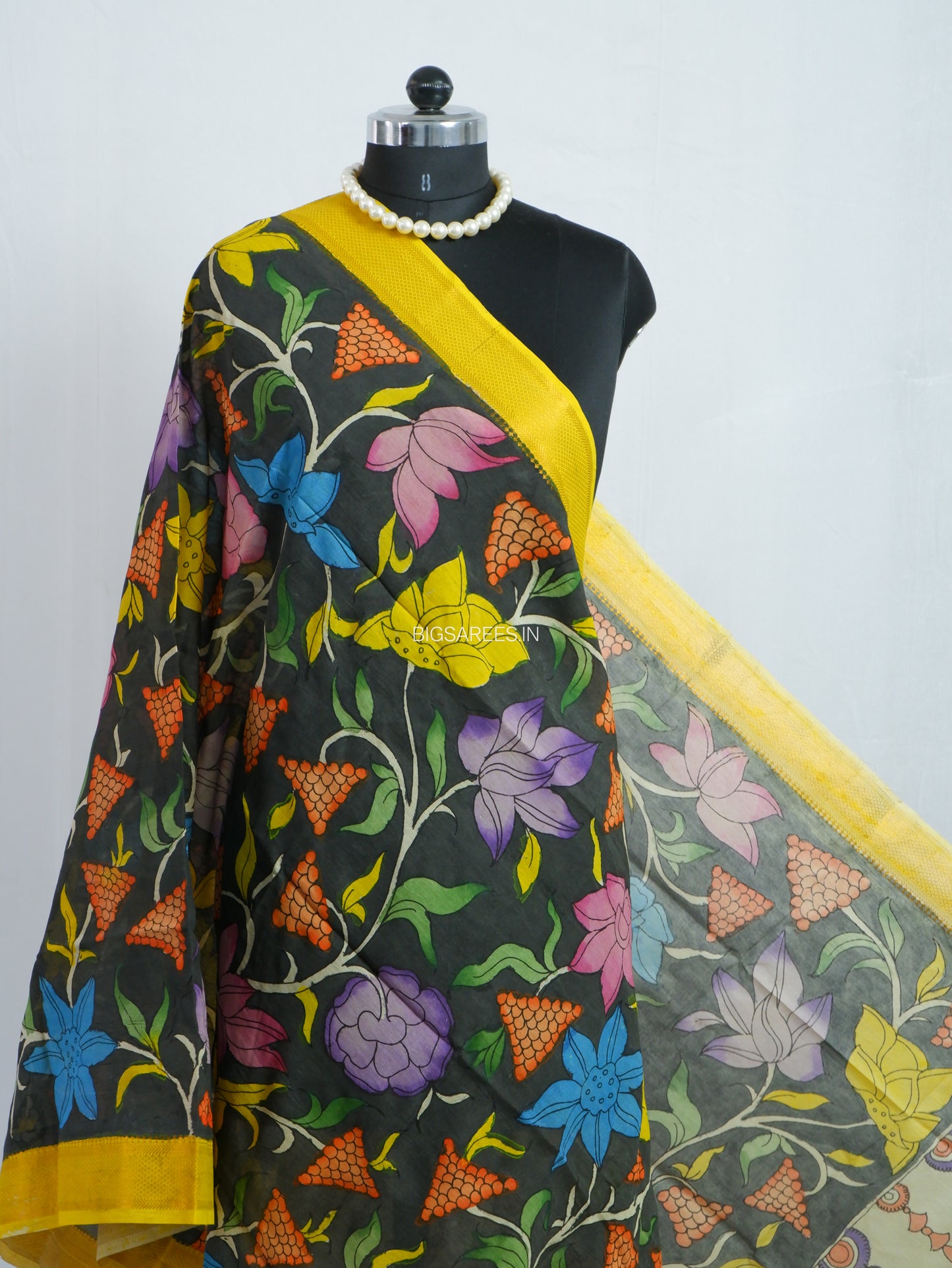 Pen Kalamkari Hand Painted Bangalore Silk Dupatta | Black | 36"