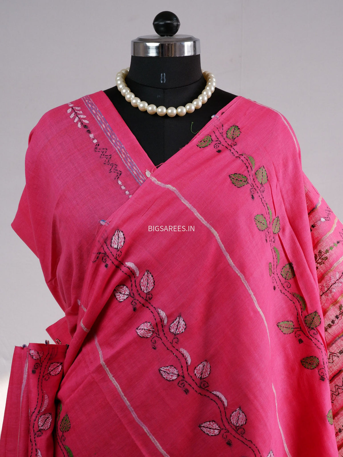 Kantha Stitch Hand-Embroidered Saree | Pure Khesh Cotton | Pink