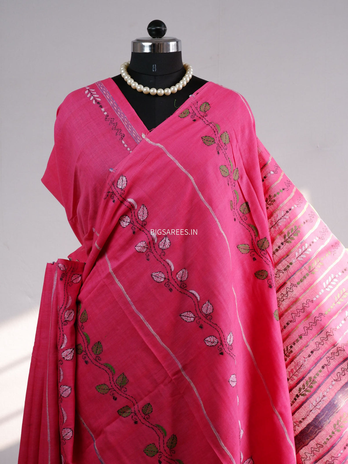 Kantha Stitch Hand-Embroidered Saree | Pure Khesh Cotton | Pink