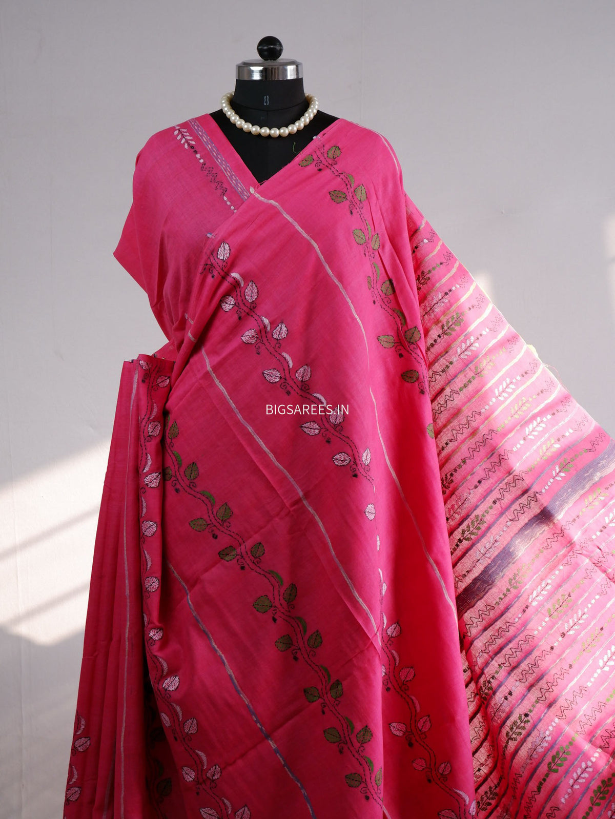 Kantha Stitch Hand-Embroidered Saree | Pure Khesh Cotton | Pink