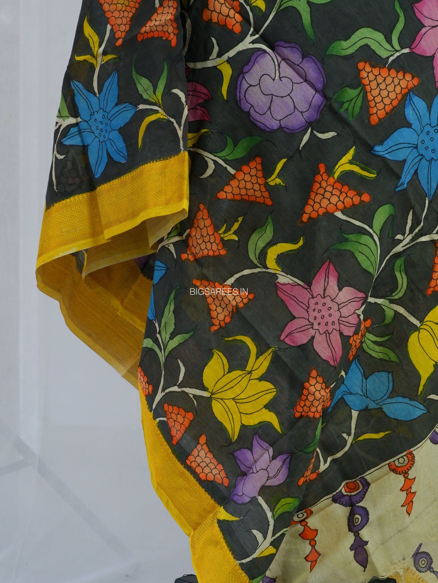 Pen Kalamkari Hand Painted Bangalore Silk Dupatta | Black | 36"