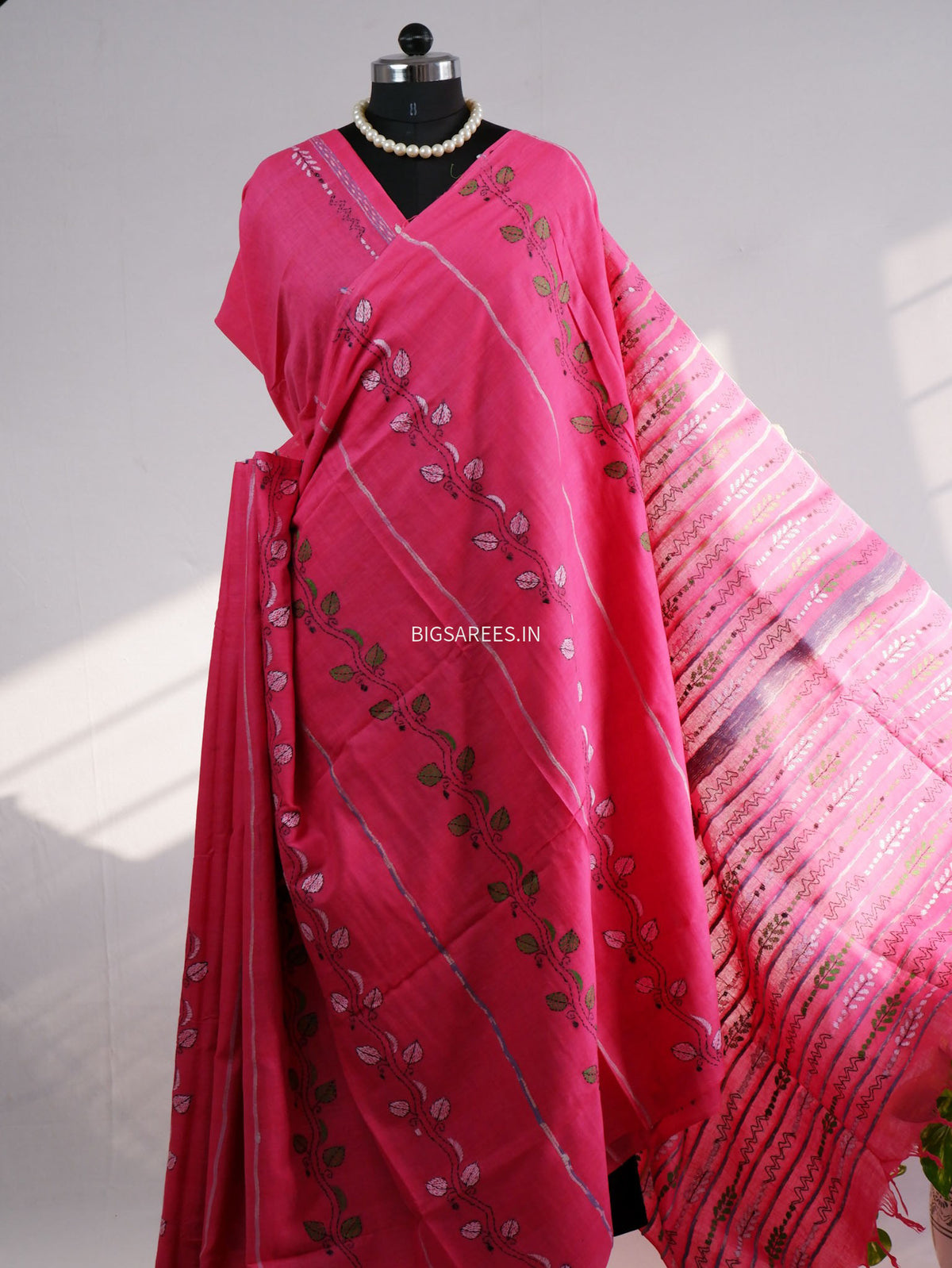 Kantha Stitch Hand-Embroidered Saree | Pure Khesh Cotton | Pink