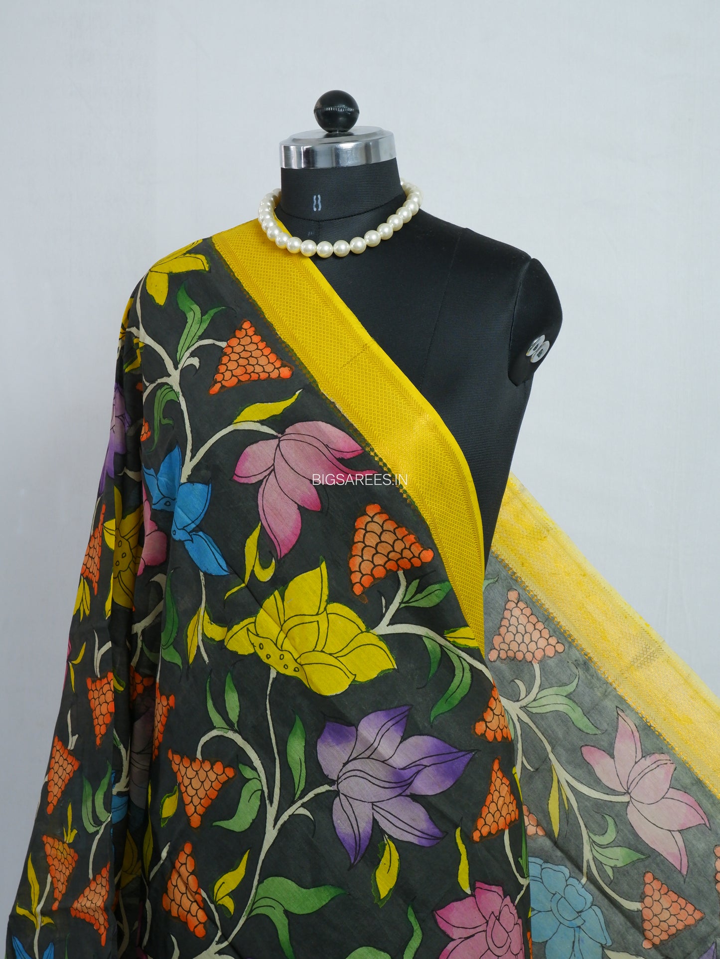 Pen Kalamkari Hand Painted Bangalore Silk Dupatta | Black | 36"