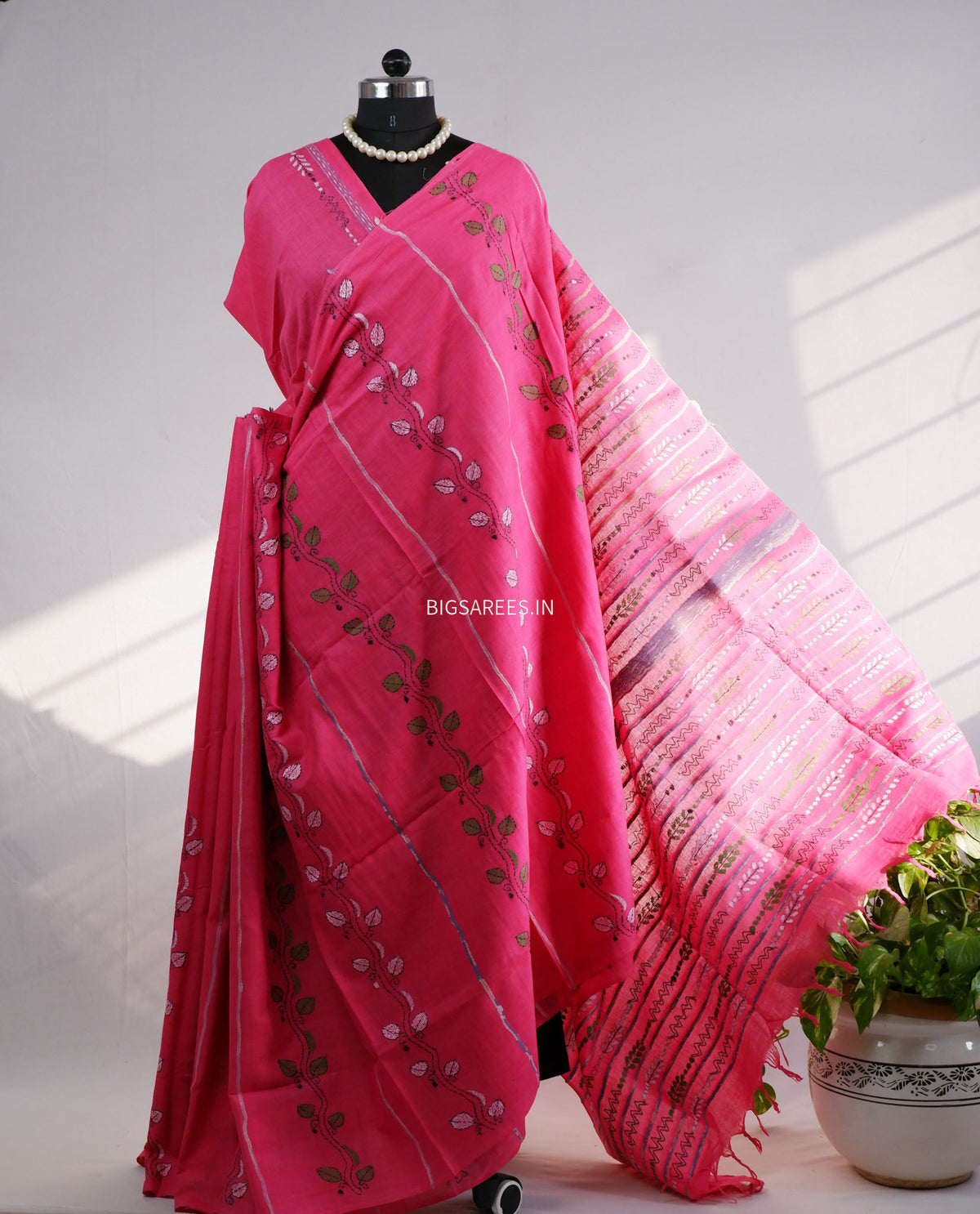 Kantha Stitch Hand-Embroidered Saree | Pure Khesh Cotton | Pink
