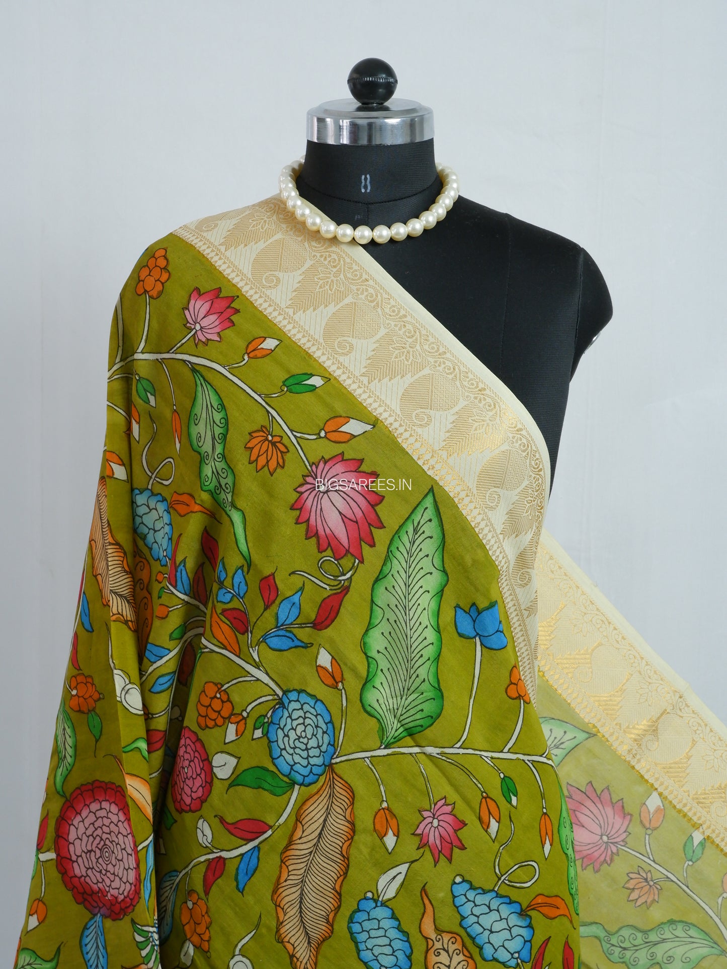 Pen Kalamkari Hand Painted Bangalore Silk Dupatta | Lime Green | 36"