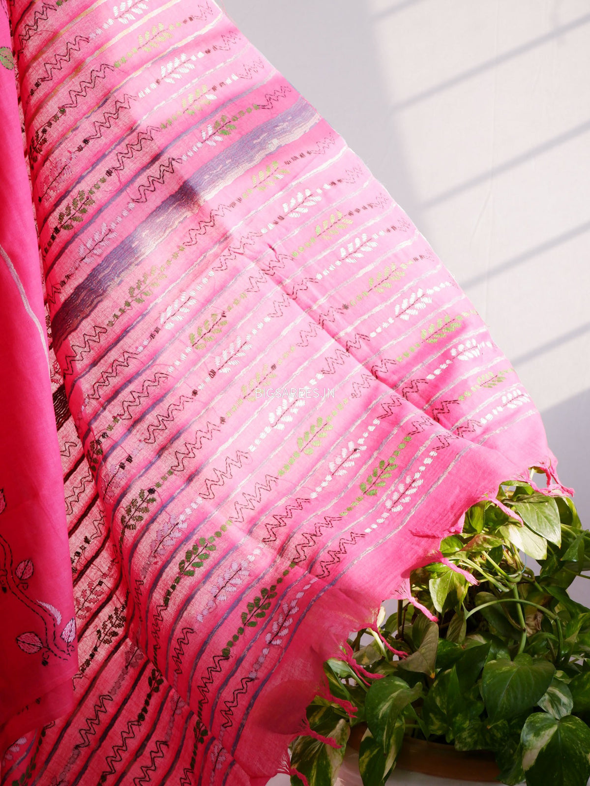 Kantha Stitch Hand-Embroidered Saree | Pure Khesh Cotton | Pink