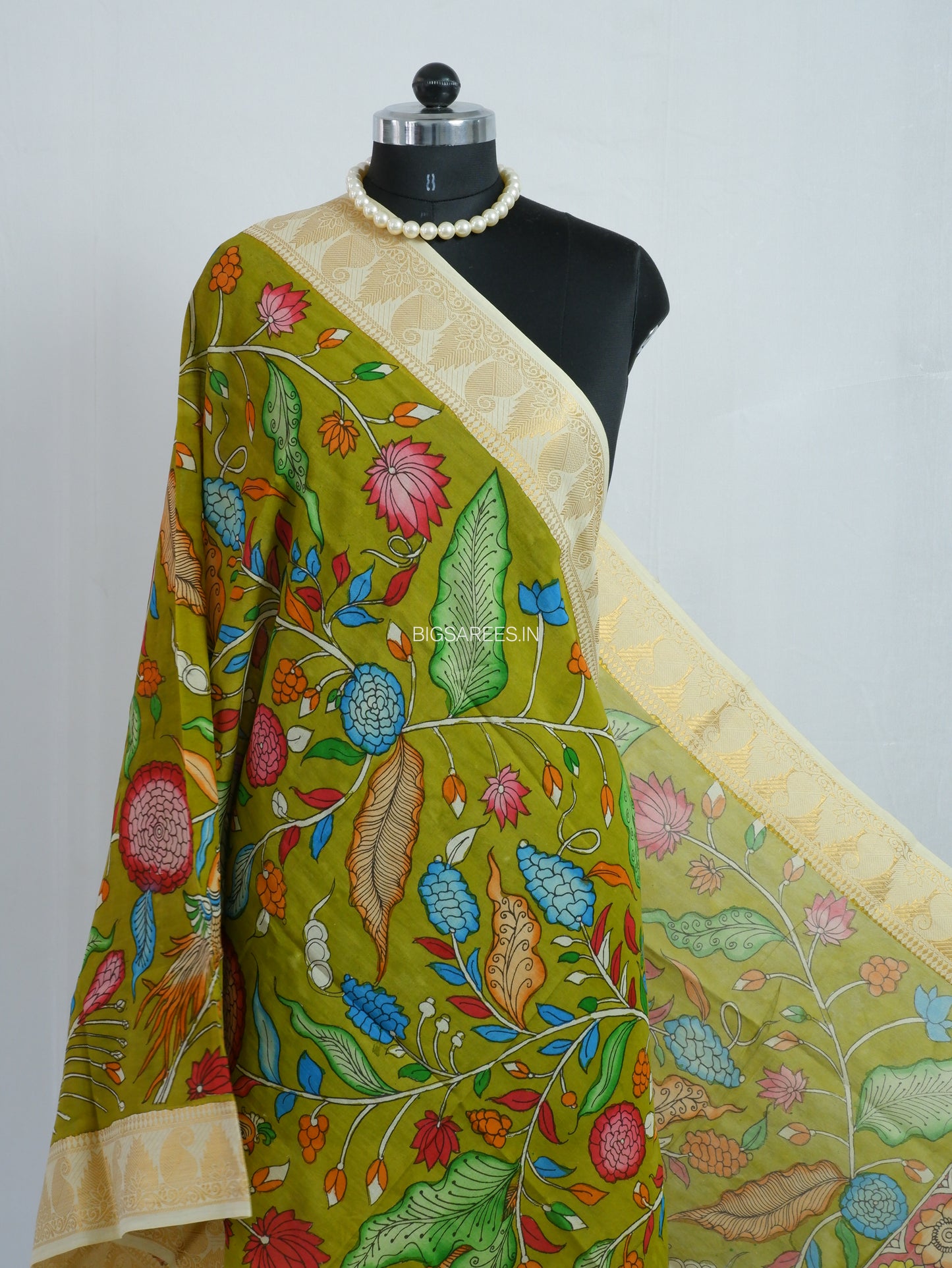 Pen Kalamkari Hand Painted Bangalore Silk Dupatta | Lime Green | 36"