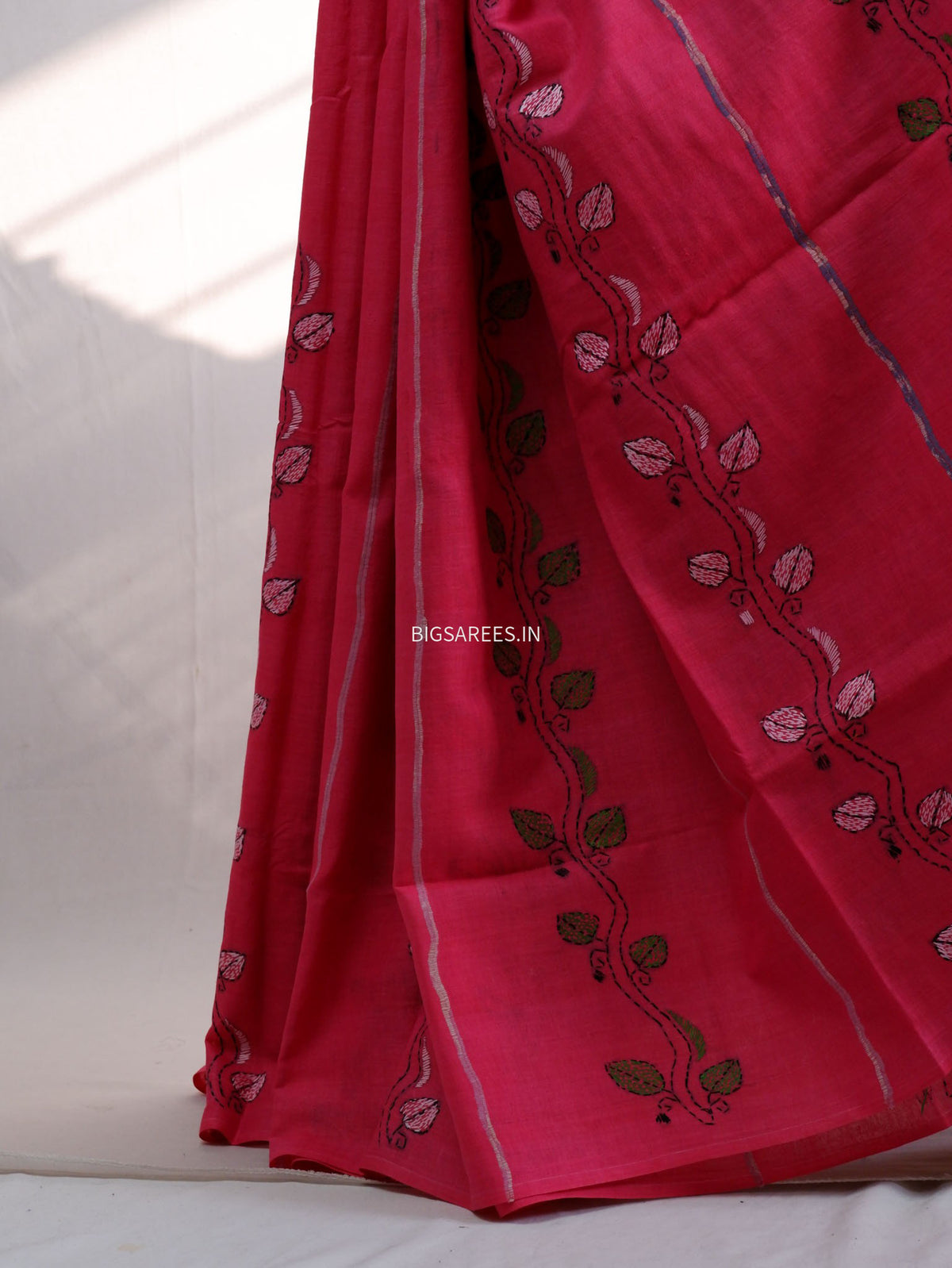 Kantha Stitch Hand-Embroidered Saree | Pure Khesh Cotton | Pink