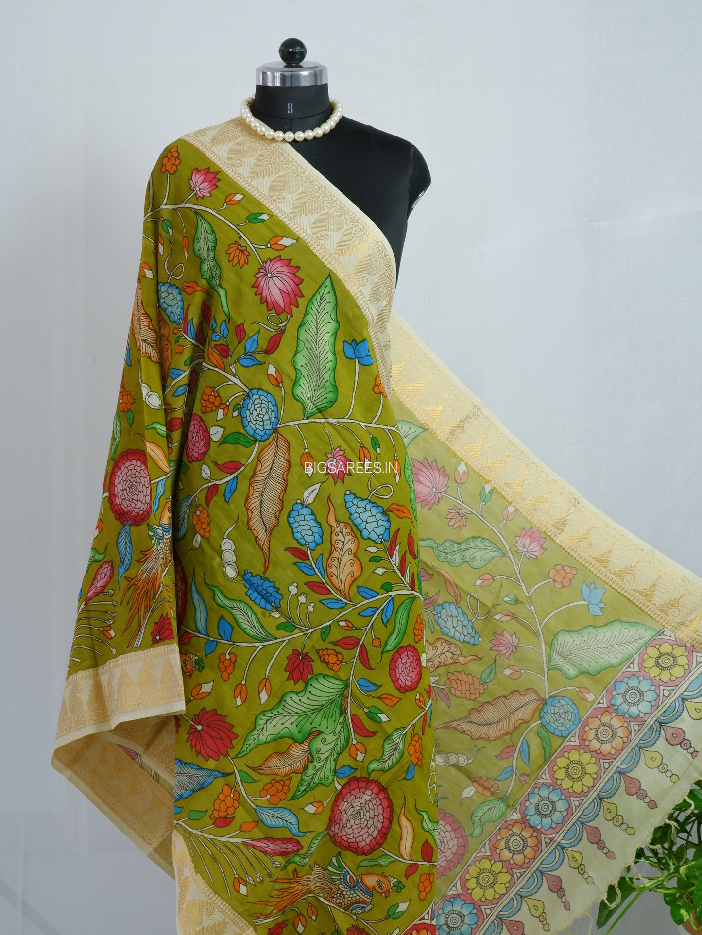 Pen Kalamkari Hand Painted Bangalore Silk Dupatta | Lime Green | 36"