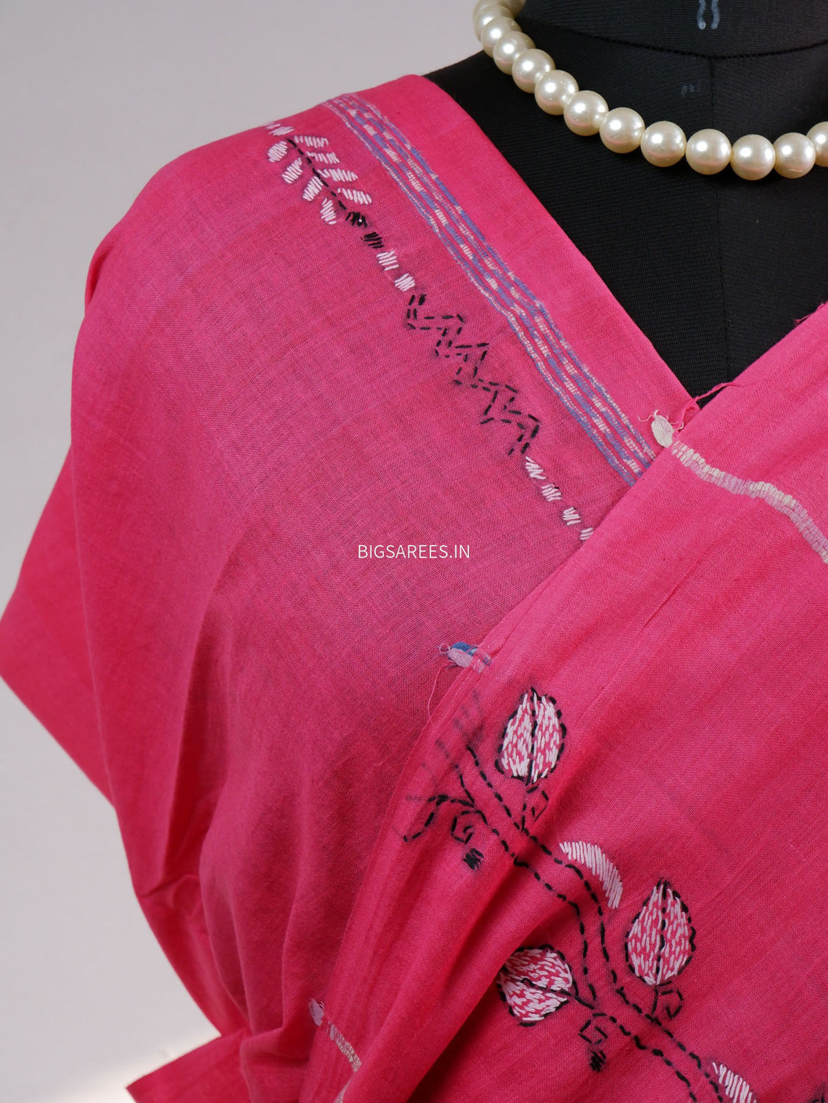 Kantha Stitch Hand-Embroidered Saree | Pure Khesh Cotton | Pink