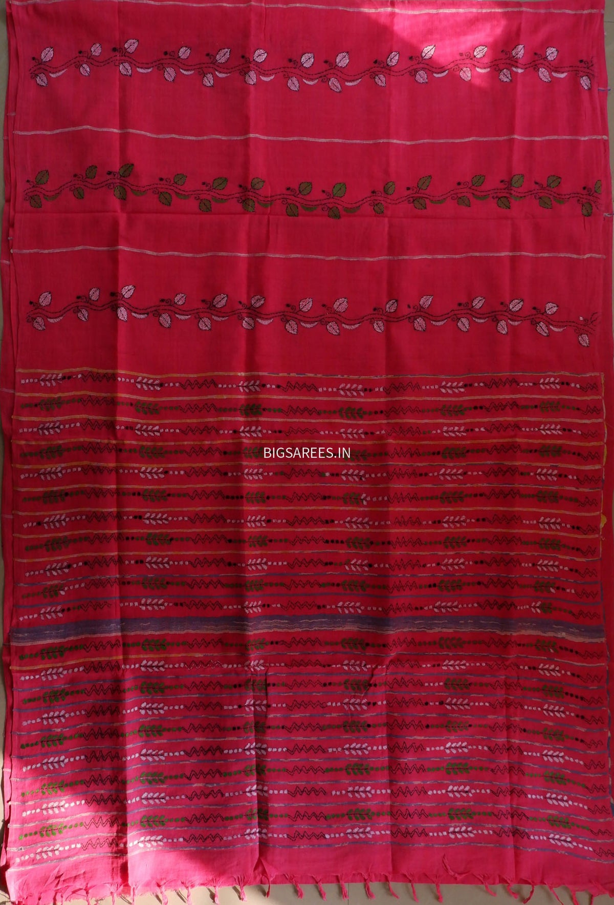 Kantha Stitch Hand-Embroidered Saree | Pure Khesh Cotton | Pink